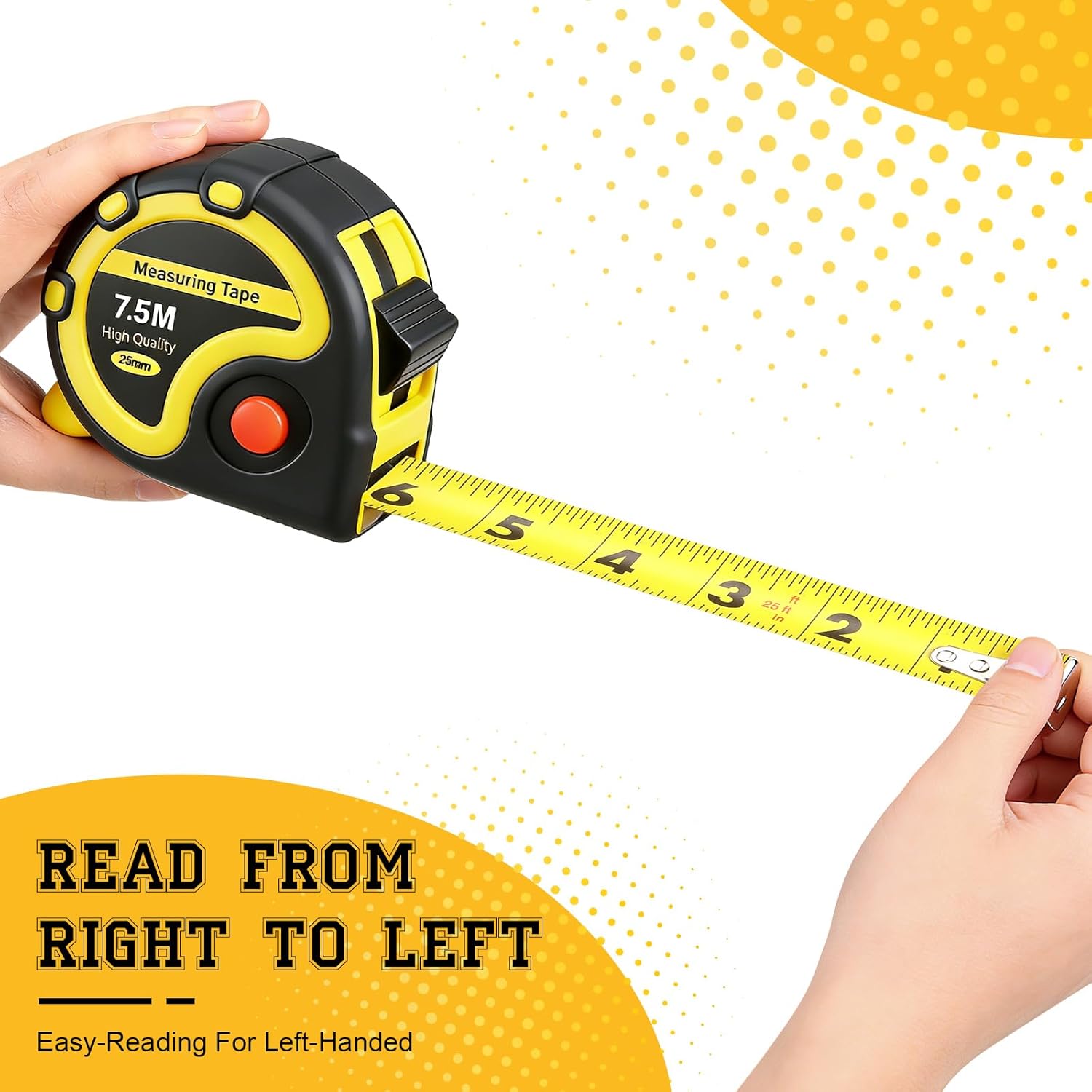 Relaxweex Left Handed Tape Measure with Rubber Reading from Right to Left Measure 25ft