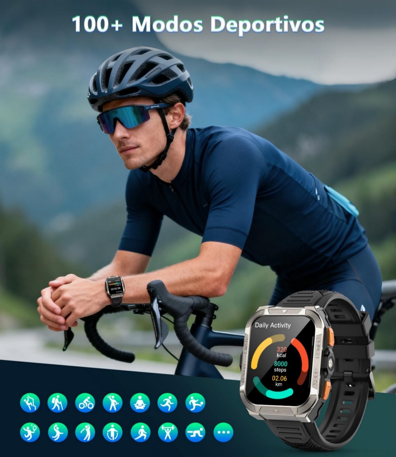 IOWODO Reloj Inteligente Hombre con GPS,1.91" Militar Smartwatch con Llamadas Bluetooth,20 Días Batería/2 Correas/Linterna LED/Brújula/100+ Modo Deporte/IP68,24h Pulsómetro/SpO2/Sueño para Android iOS
