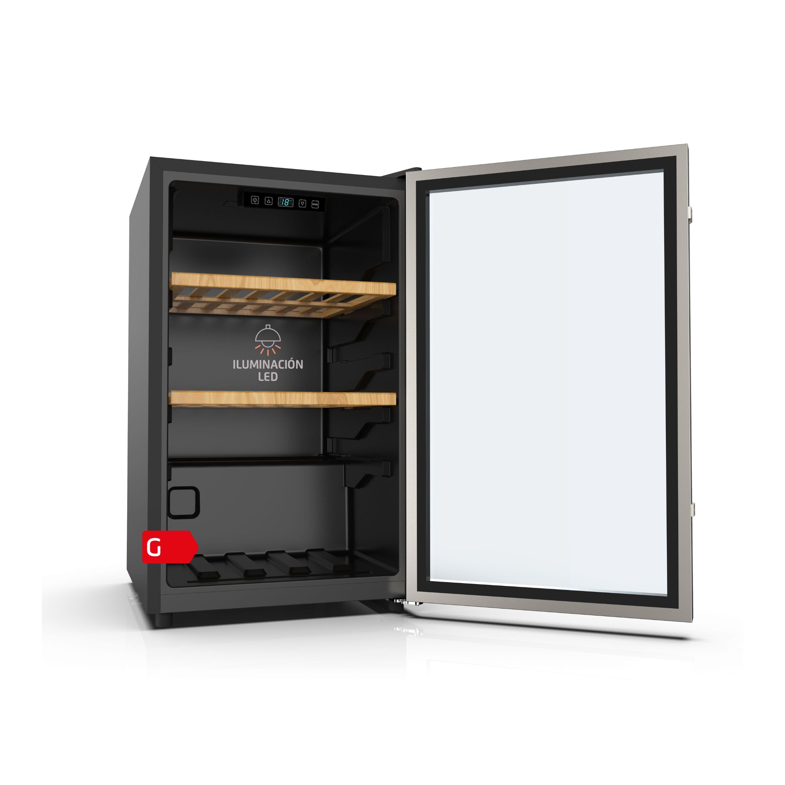 Corberó - Vinoteca CFKWC61SW | 126L | 61 Botellas | Puerta Cristal | Display LED | 2 Estantes Madera | Rango Temperatura 5-20ºC | Nevera para vinos | Negro