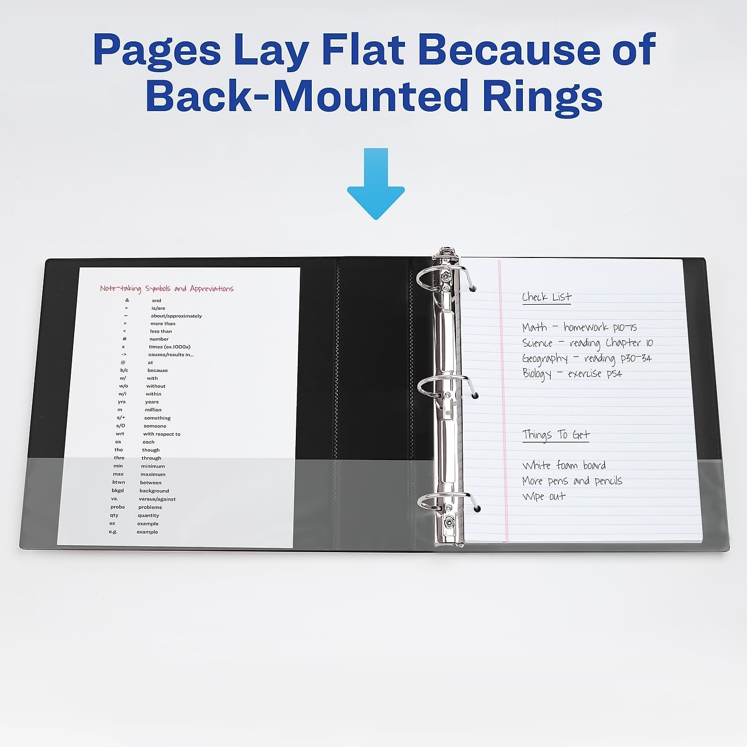 Binder open with pages lying flat due to back-mounted rings