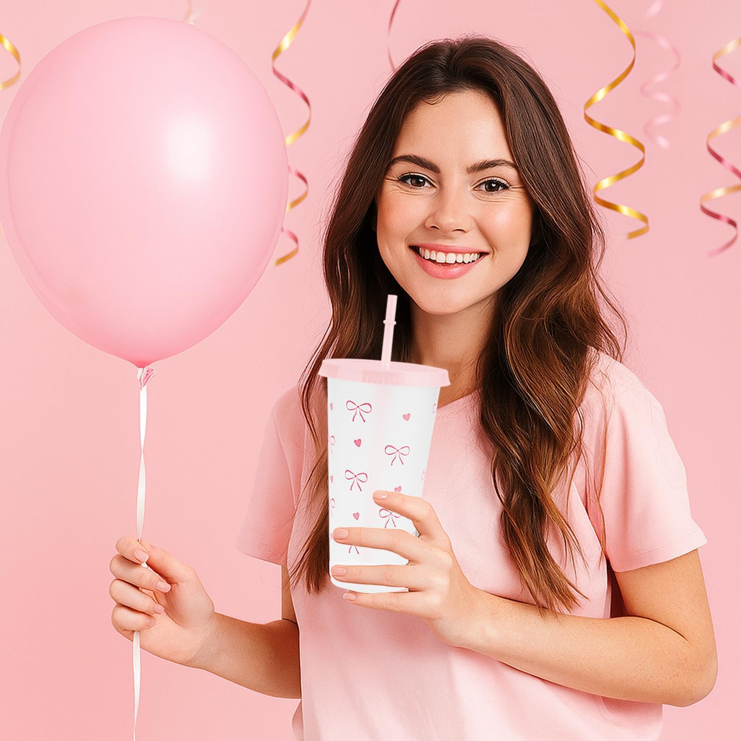 12Pcs 24 oz Pink Bow Plastic Cups with Straw and Lid, Reusable Coquette Bow Tie Cold Cups for Wedding Baby Shower Birthday Party Decor - Image 5