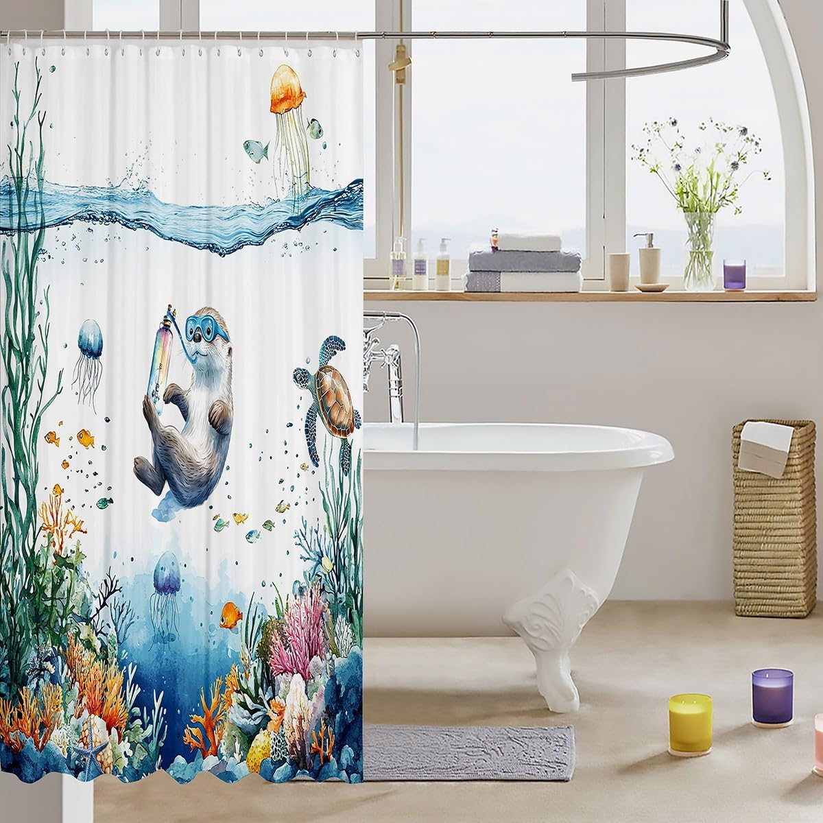 Funny Sea Otter Shower Curtain Set Kids Sea Turtle Jellyfish Coastal Girl Bath Curtain 72"Wx72"L,Blue Ocean Cute Fish Coral Seaweed Bathroom Accessories,Underwater Nautical Sea Animal Beach Decor image 3