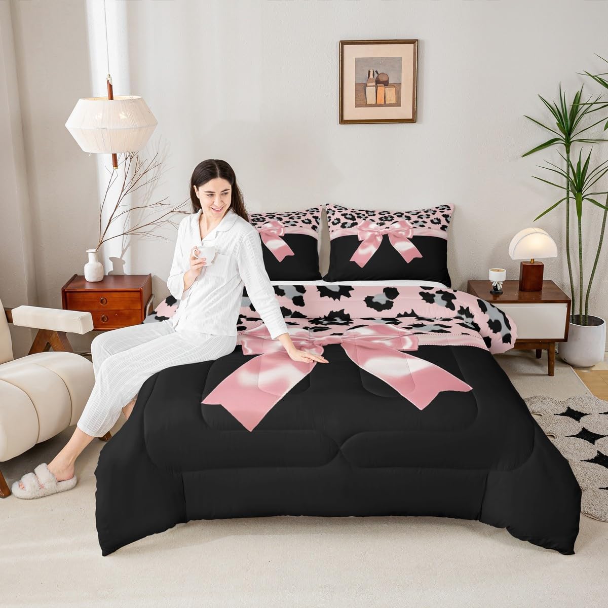 jejeloiu Pink Silk Bowknot Duvet Cover Full Size Grey Leopard Bedding Set for Kids Girls Women Black Pink Comforter Cover Set Sweet Romantic Bedspread Cover 3Pcs