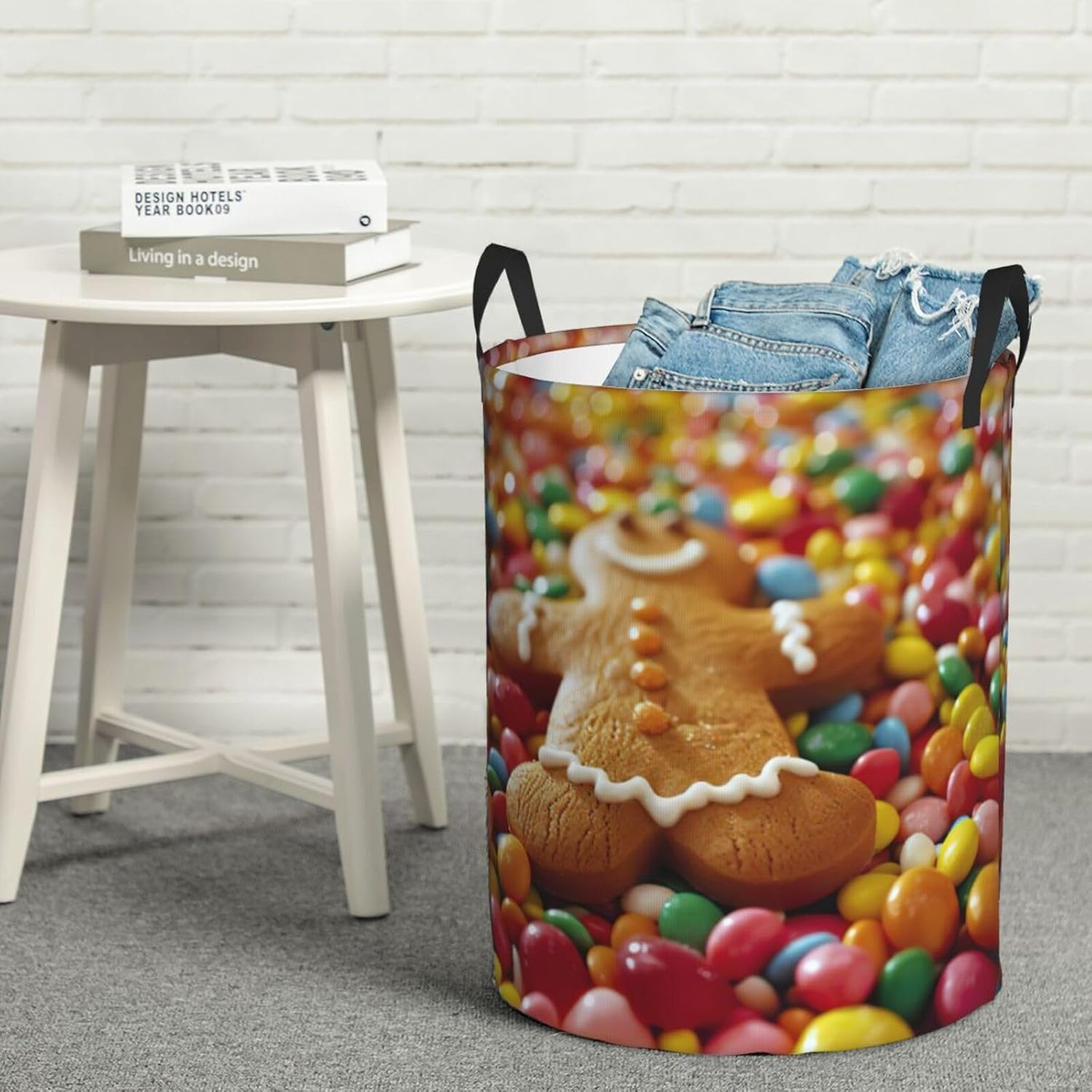 Gingerbread Man Candy Print Round Laundry Hamper for Bedroom Bathroom Living Room Foldable Clothes Organizer