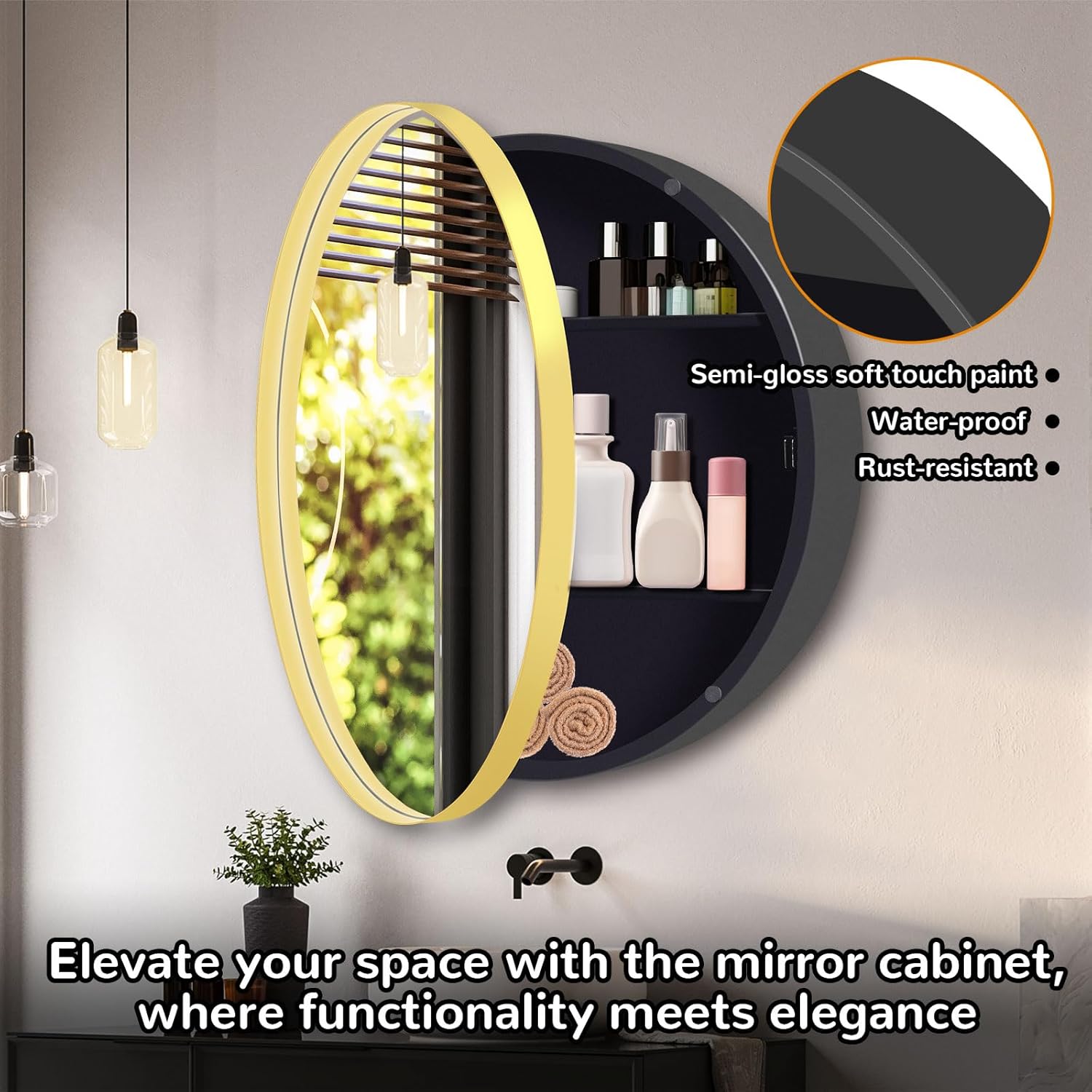 24 in Round Gold Medicine Cabinet with Mirror,Modern Bathroom Medicine Cabinet for Wall Metal Framed, Surface Mount Only Circular Storage Cabinet Shatterproof with Vanity Mirror