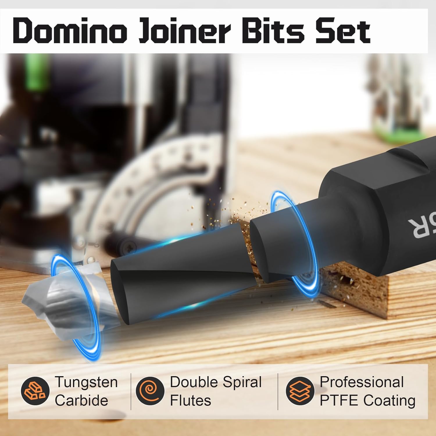 Domino Cutter Solid Carbide Bits for DF500 Jointer Machines, 5 Pcs Domino Bits (4mm, 5mm, 6mm, 8mm, 10mm), Precision with Extended Spiral Flute, Black Tungsten Carbide