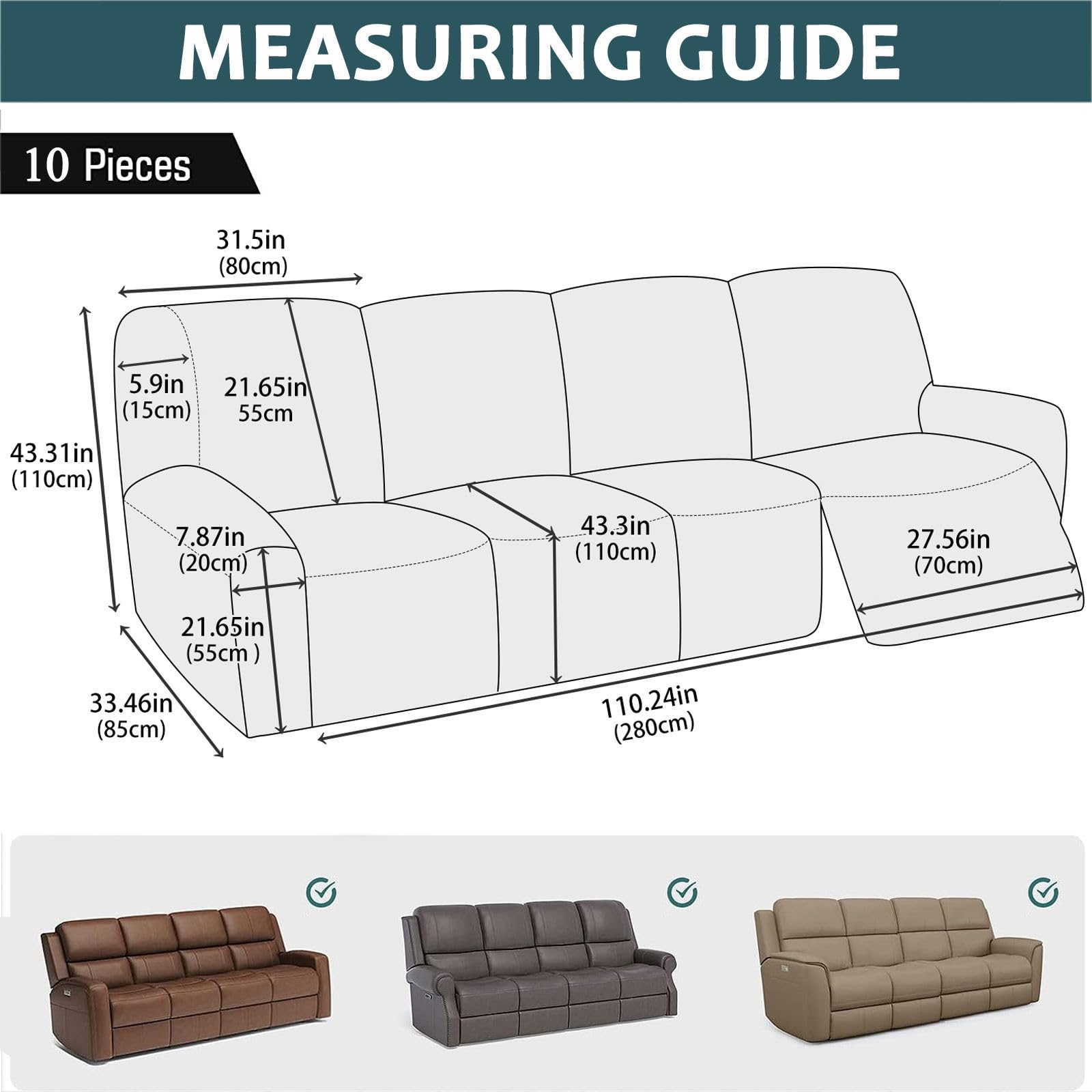Juego de 10 fundas impermeables de cuero elástico para sofá reclinable de 4 plazas, parte inferior elástica naranja, resistente a los arañazos, lavable