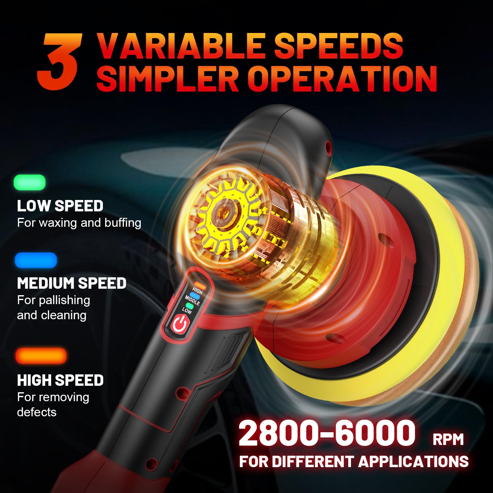XIAZIR Lucidatrice a batteria - lucidatrice per auto da 6 pollici con 2 pezzi di batteria al litio da 21V 2000mAh e 19 accessori, lucidatrice per auto 3 a velocità variabile 6000RPM(rosso)