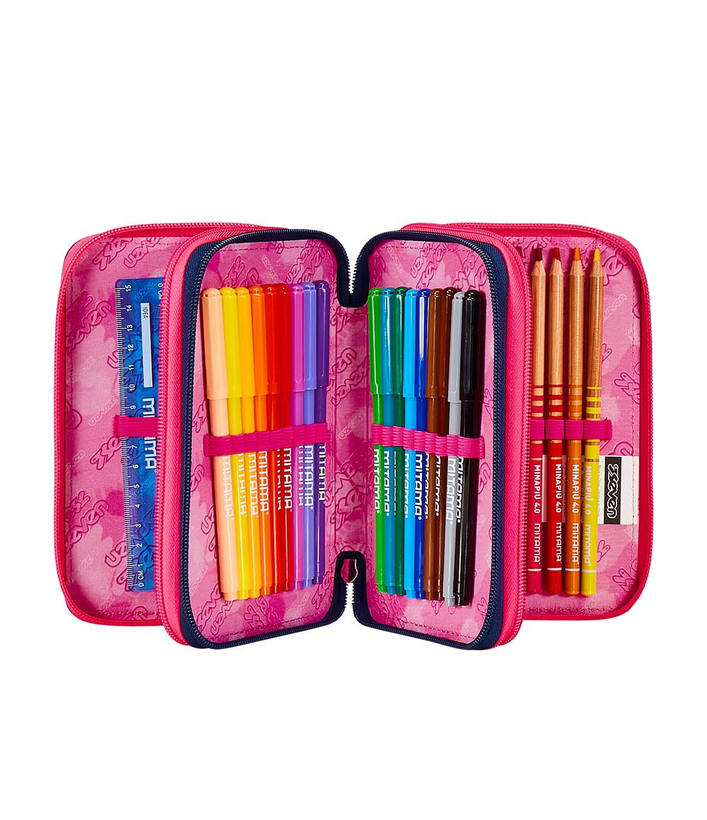 Seven Zaino Scuola Doppio Scomparto New Fit, GraffitiMix Viola Tasca Porta Borraccia, Bambini e Ragazzi + Astuccio 3 Zip + Portpenne