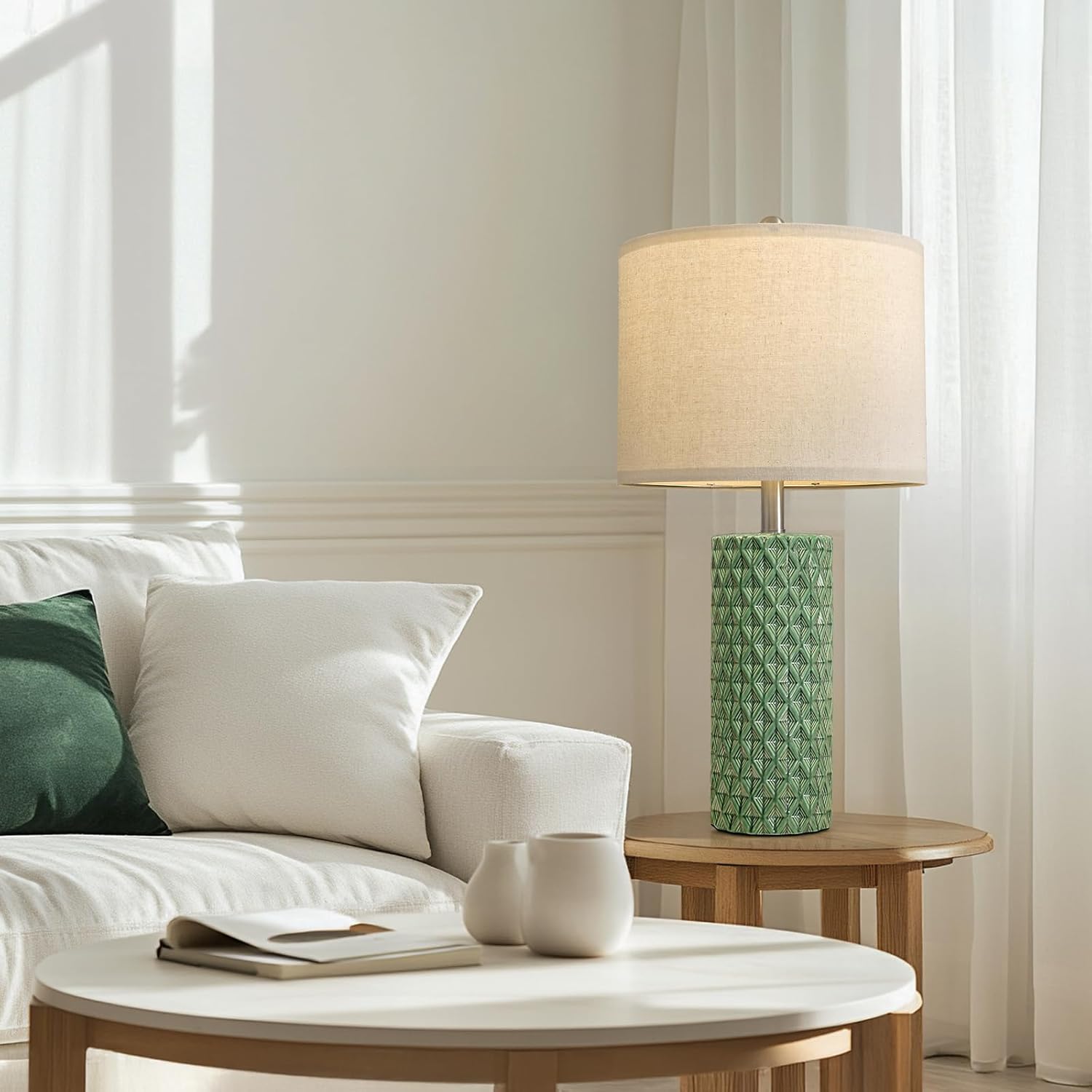 USumkky 26" Tall Table Lamp for Living Room -Green Lamps Set of 2 Modern Ceramic Lamps for Night Stands, Bedside Lamp for End Tables, Nightstand Lamps for Bedroom