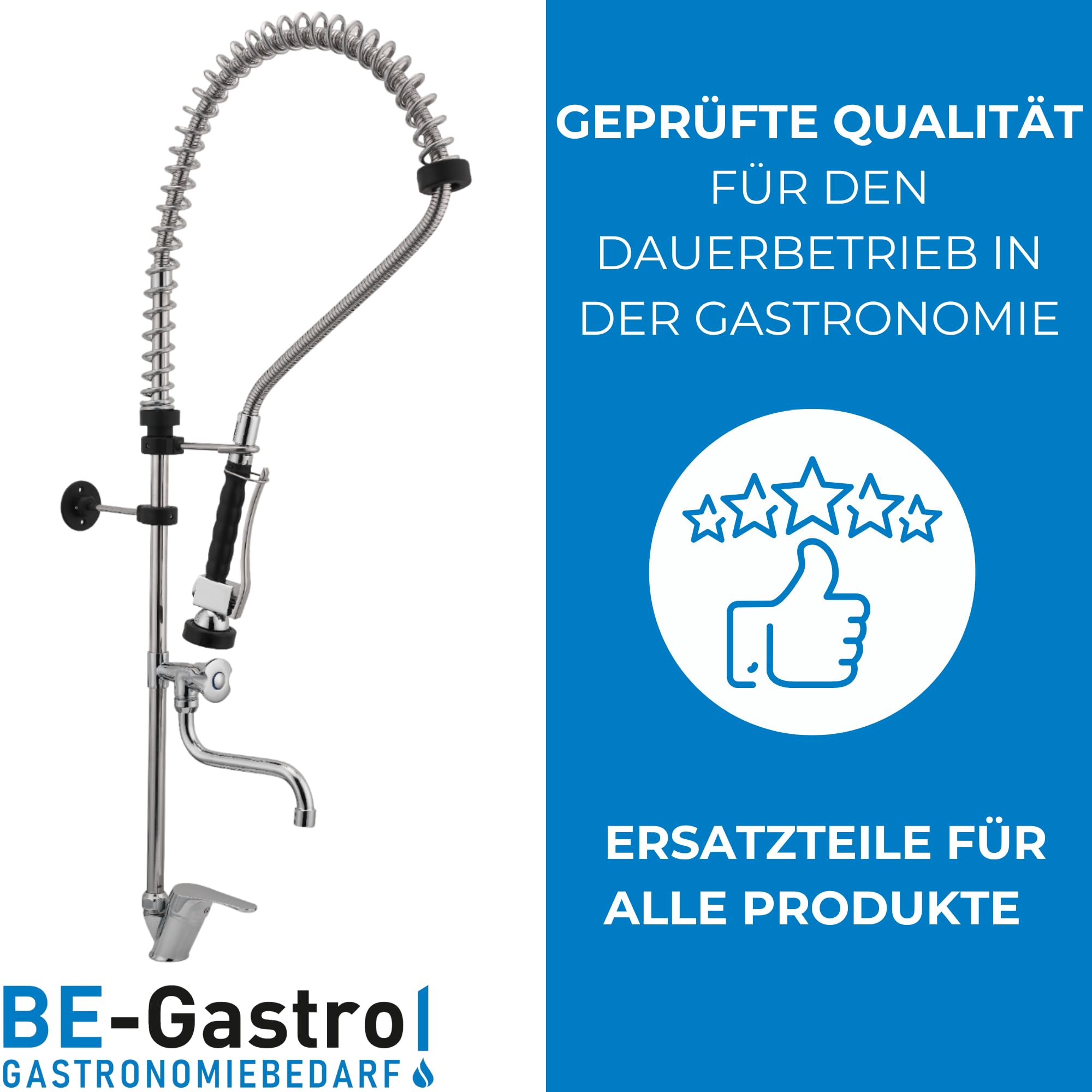 BE-GASTRO I Robinet de douche professionnel gastronomique à un trou « Premium » avec robinet, robinet industriel, douchette industriel, mitigeur et poignée ergonomique I Douchette gastronomique