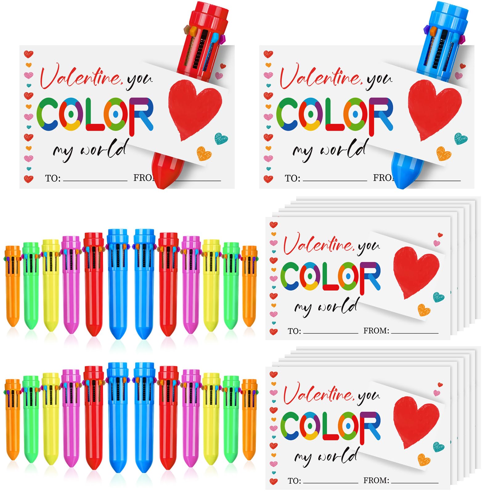 24 Set Valentine Cards and Ballpoint Pen Gift Set Include 24 Pcs 10 in 1 Mini Shuttle Pens 0.5mm Multicolor Retractable Pens, 24 Pcs Greeting Cards for Party School Classroom Kids Supplies