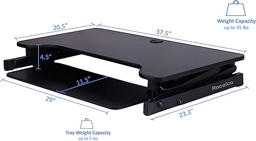 Miniatura 4 de Rocelco Convertidor de escritorio de pie ajustable de 37.5 pulgadas con soporte de monitor dual y paquete de alfombrilla antifatiga, elevador de