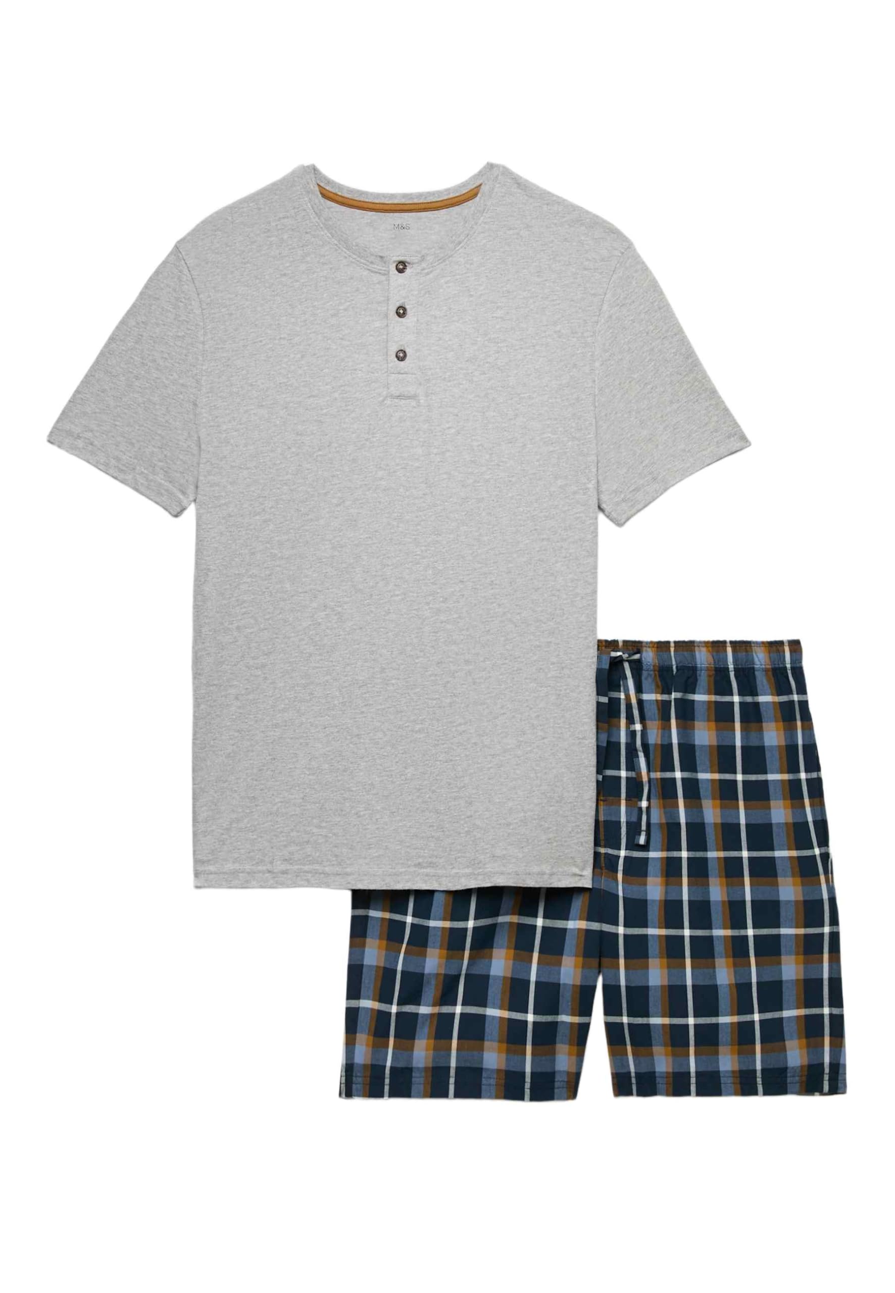 Marks & Spencer Pyjama Col Henley à Carreaux Homme en Pur Coton, Coupe Standard, Taille à Cordon, avec Poches