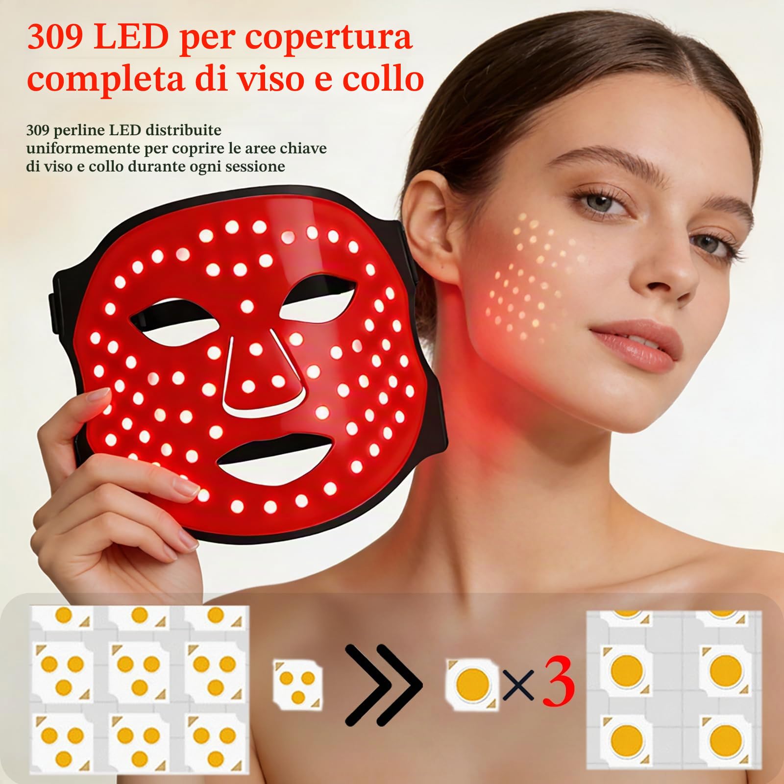 Maschera a LED per viso e collo, 7 colori, dispositivo di bellezza rosso e a infrarossi, 309 LED 3 in 1, 5 livelli di intensità, timer automatico, telecomando cablato, maschera per la cura