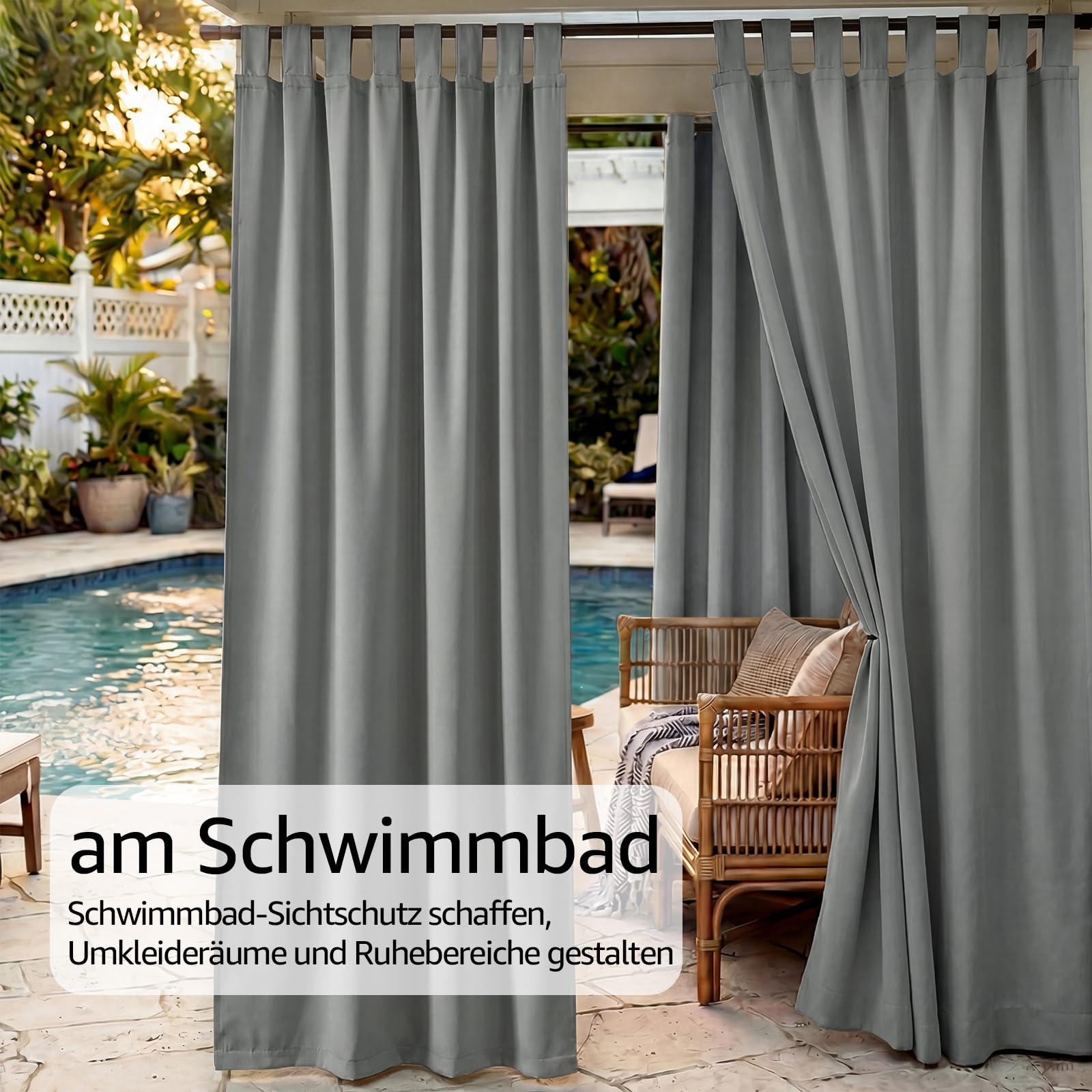 TOPICK Outdoor Vorhang Wetterfest Sonnenschutz Vorhänge mit Schlaufen Blickdicht Wohnzimmer Balkontür Gardine außen Curtains H 245 x B 132 cm 2er Set Wasserabweisend für Balkon Pavillon Hellgrau