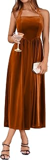 Simplee Women's Halter Velvet Sleeveless Maxi Dress for Fall Wedding Guest | High Waist A-Line, Adjustable Tie Neck Strap, Backless, Stretch Velour, Elegant Semi-Formal, Winter Holiday Party, Cocktail
