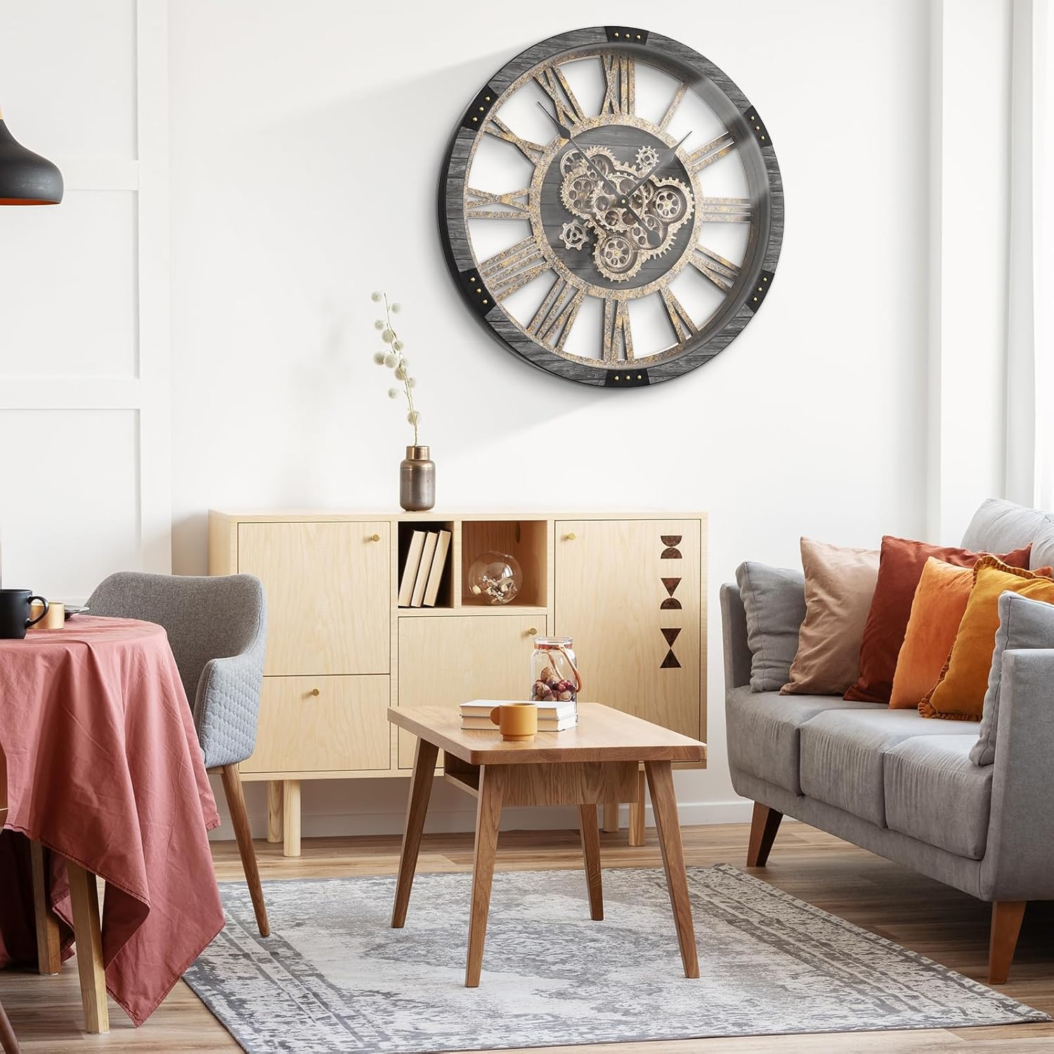 DORBOKER 36" Extra Large Wall Clock with Moving Gears, Oversized Giant Industrial Steampunk Rustic Clocks for Wall Decor Living Room Home Office, Solid Wood Retro Metal,Carbon Grey
