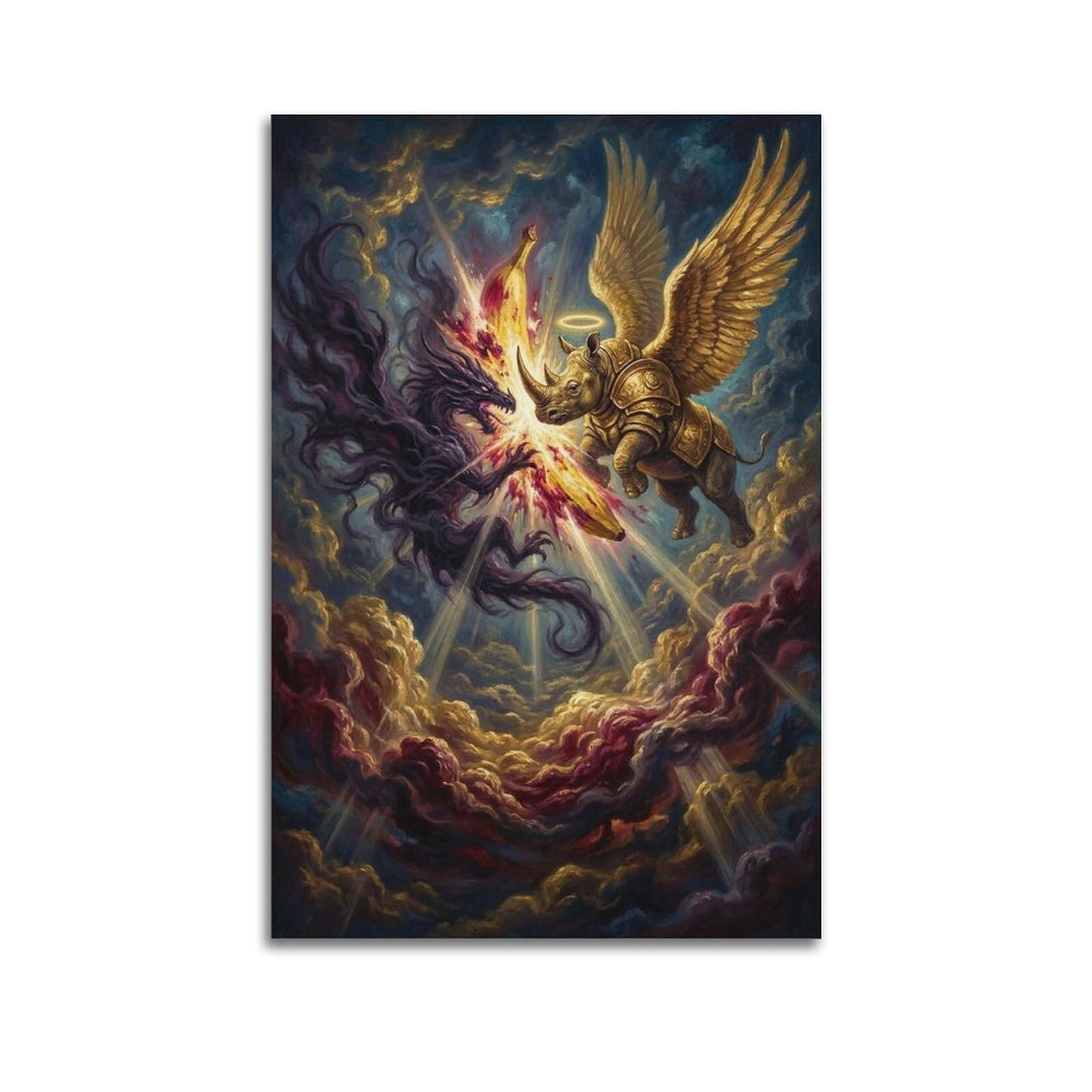 XKUGA Surreal Fantasy Animal Poster Rhinoceros Dragon Battle Modern Decorative Canvas Prints - Ideal Wall Art for Family, Man Cave, Game Room, Boys & Girls Bedroom 20x30inch(50x75cm)