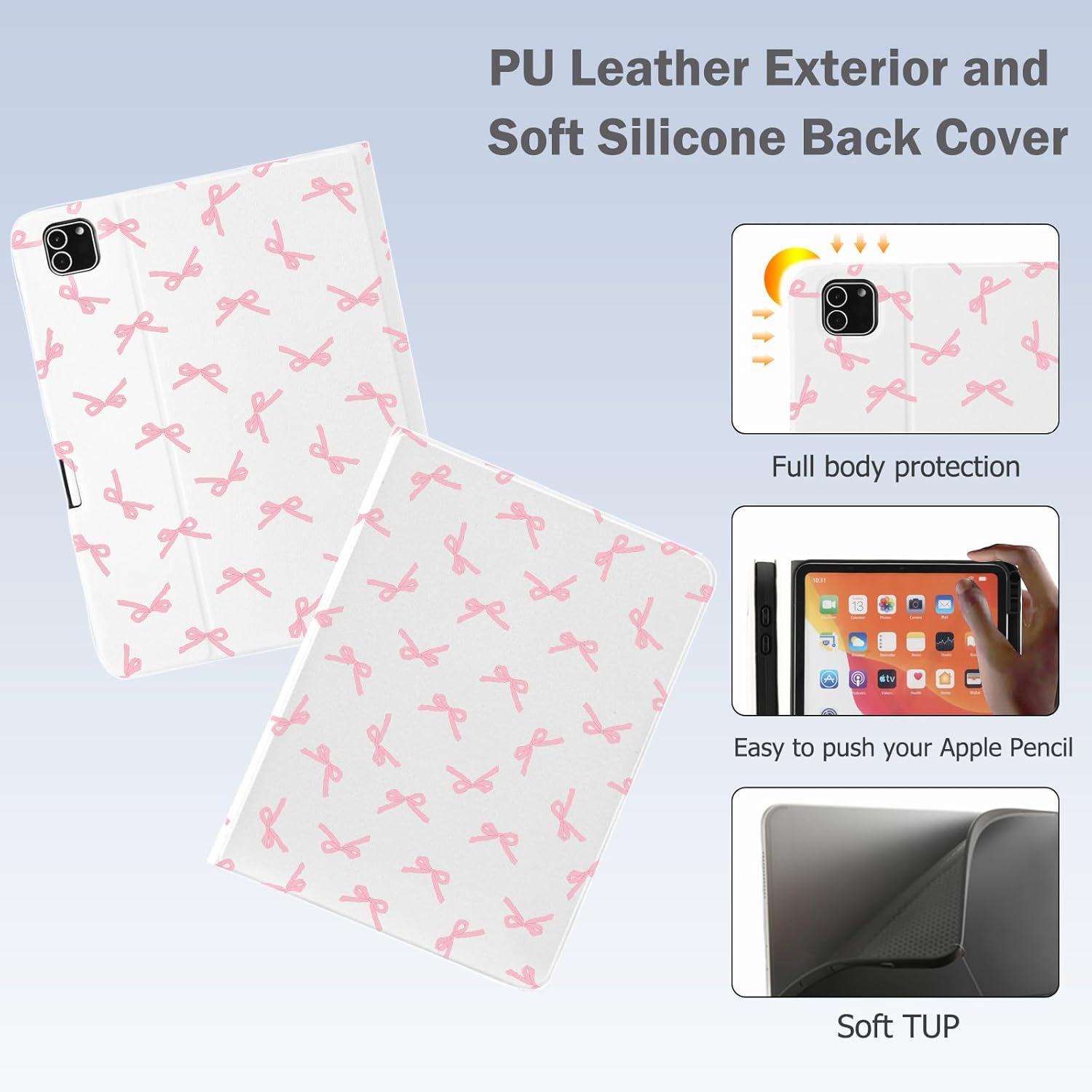 Cute Kawaii Pink Bow for iPad (A16) Case 11th/10th Generation 11''/10.9'' 2025/2022 with Pencil Holder, Auto Sleep/Wake and Multiple Viewing Angles, White Leather Soft TPU Back Cover