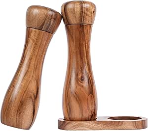 Salt and Pepper Grinder Set with Mill Tray, Set of 2 Salt and Pepper Mill with Ceramic Grinder Acacia Wood, Height 20.5 cm, Dia 6 cm