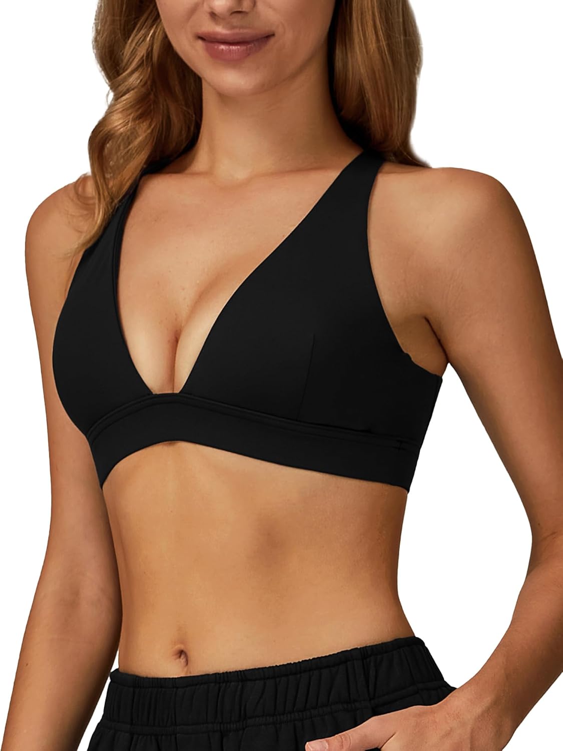 SEAUR Deep V Bra for Women Triangle Sports Bra with Pads Criss Cross Back Tops Low Coverage Yoga Everyday Activewear