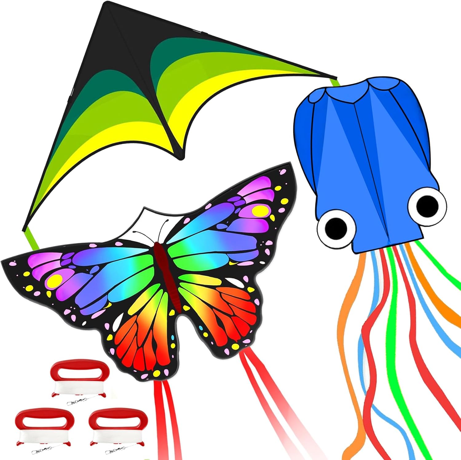 Mint's Colorful Life 3 Pack Kites for Kids and Adults, Easy to Fly Butterfly Delta Octopus Kite Set for Beginners, Large Beach Kites for Family Outdoor Games & Activities