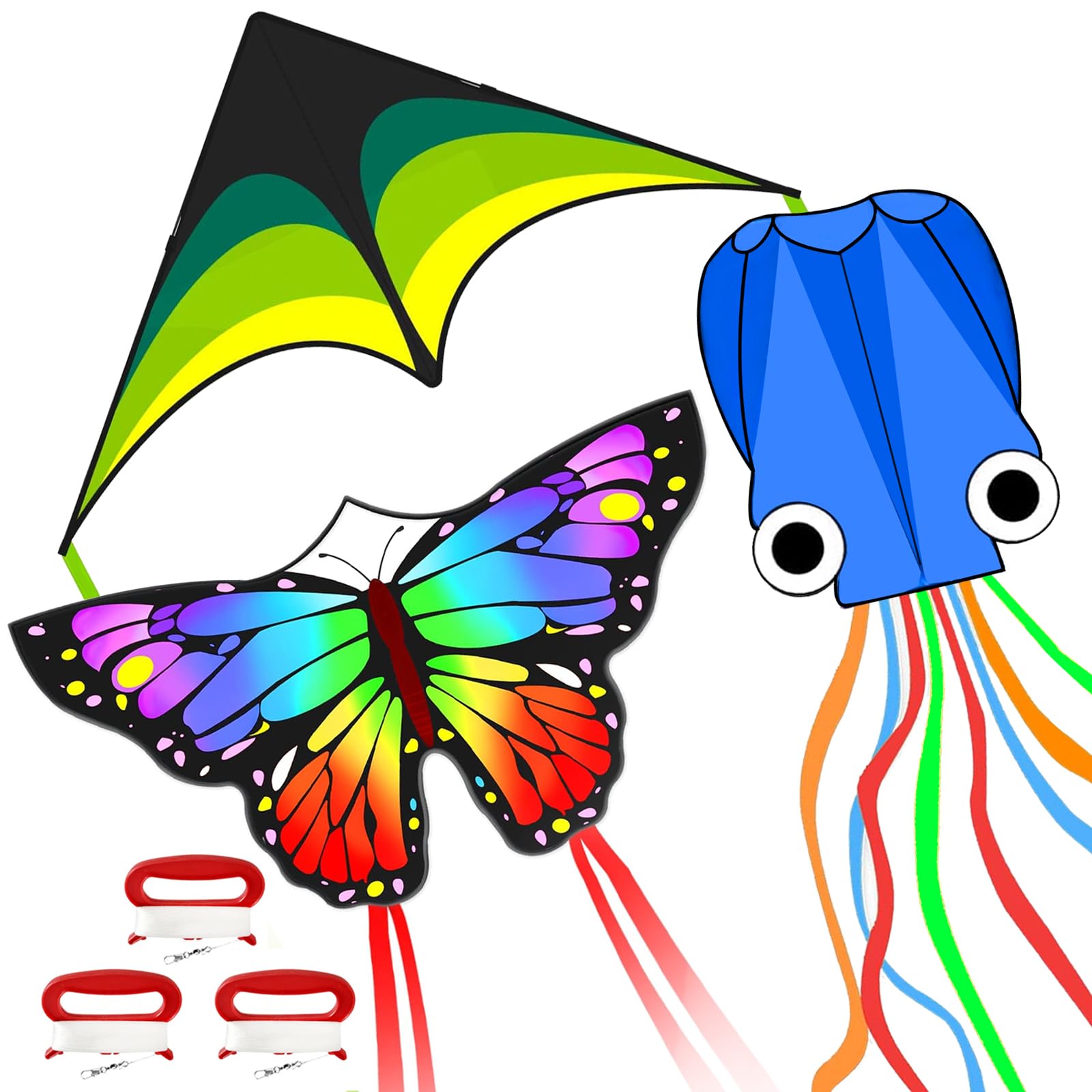 Mint's Colorful Life Paquete de 3 cometas para niños y adultos, juego de cometas de pulpo delta mariposa fácil de volar para principiantes, cometas de playa grandes para juegos y actividades