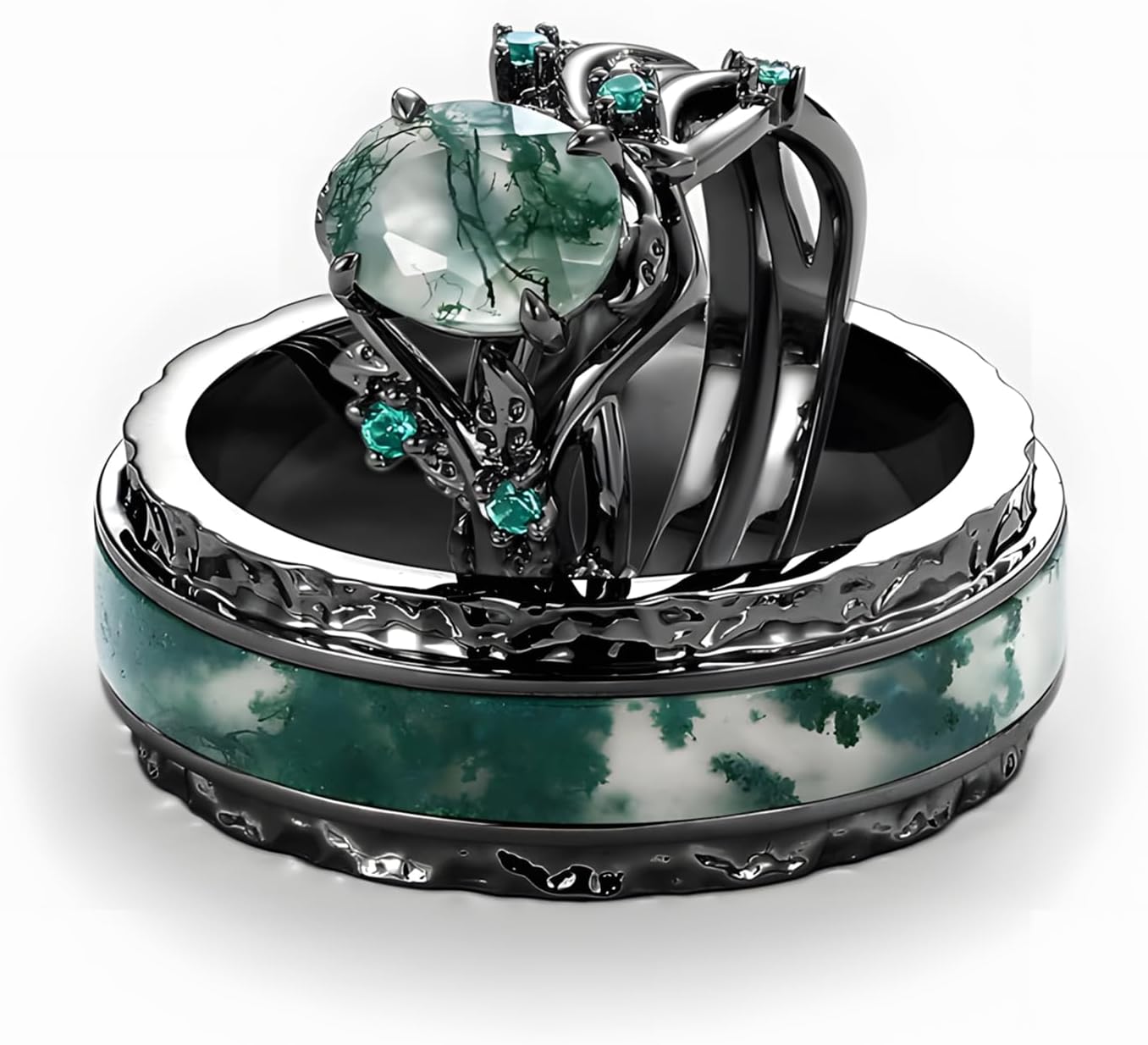 Natural Moss Agate Couple Wedding Rings Sets, S925 10K 14K 18K Oval Cut Moss Agate Engagement Rings Set for Man and Women, Customized His and Her 3pcs Green Promise Bands for Anniversary