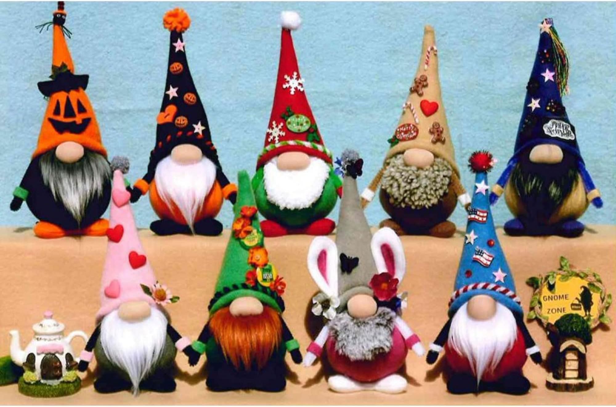 9 Little Holiday Gnomes Doll Patterns 9' Craft Project Christmas, Halloween etc, multi