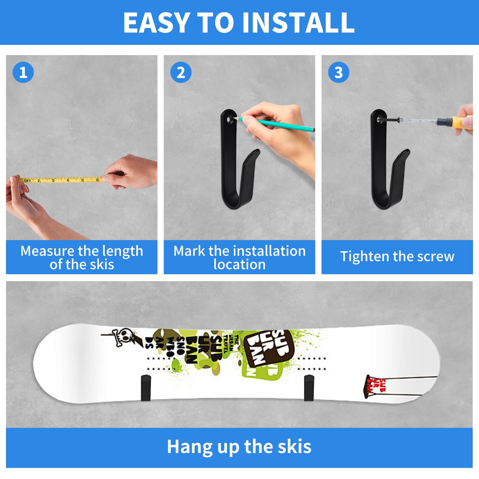 4 uchwyty ścienne do snowboardu, poziomego uchwytu na deskę snowboardową ze śrubami mocującymi i gumową ochroną do deskorolek, desek surfingowych