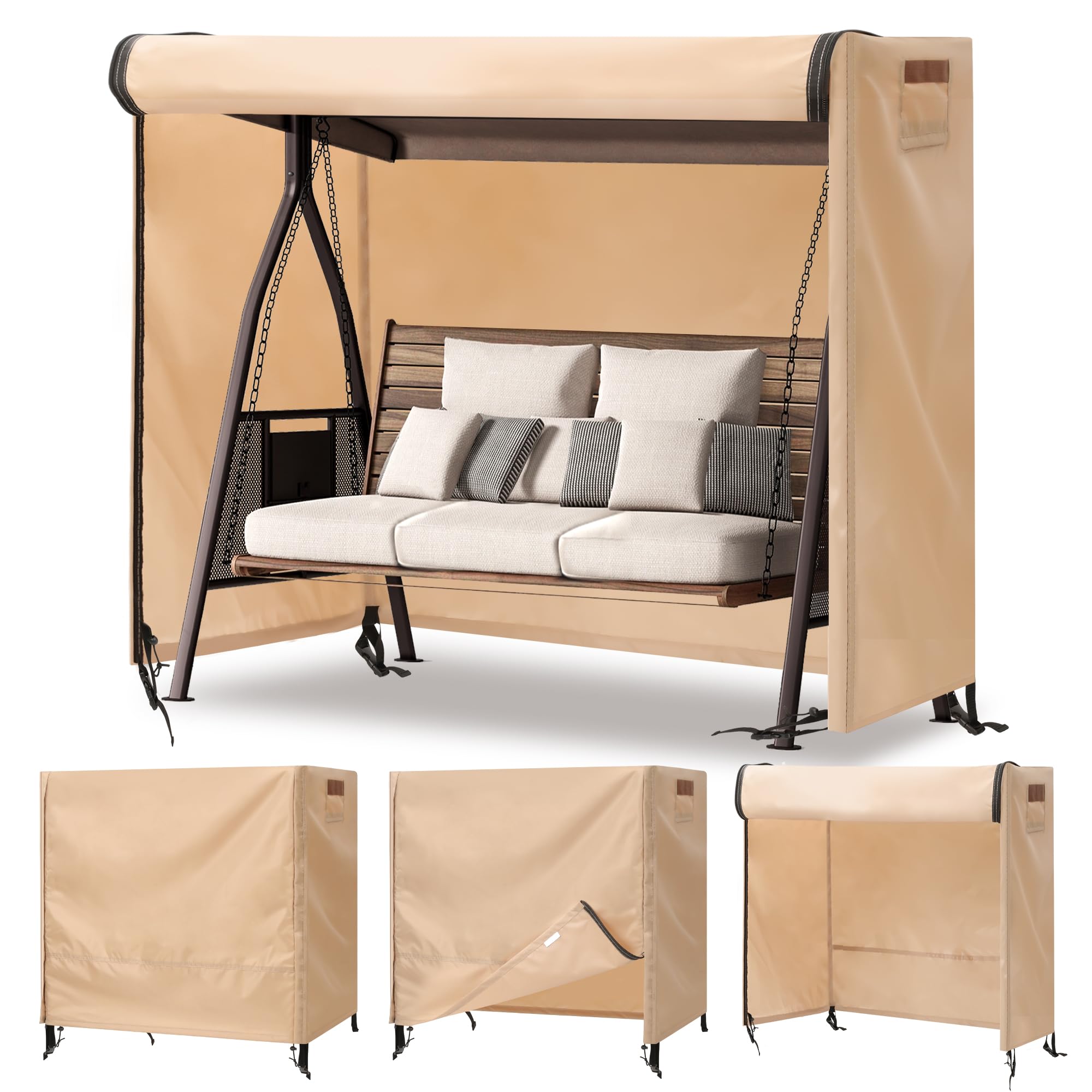 Outdoor Swing Covers for Patio Swing 3 Seater, 87" L x 49" D x 67" H, 3 Seat Cover Waterproof, Porch Patio Canopy Cover, Windproof UV Resistant All Weather Protector - Beige