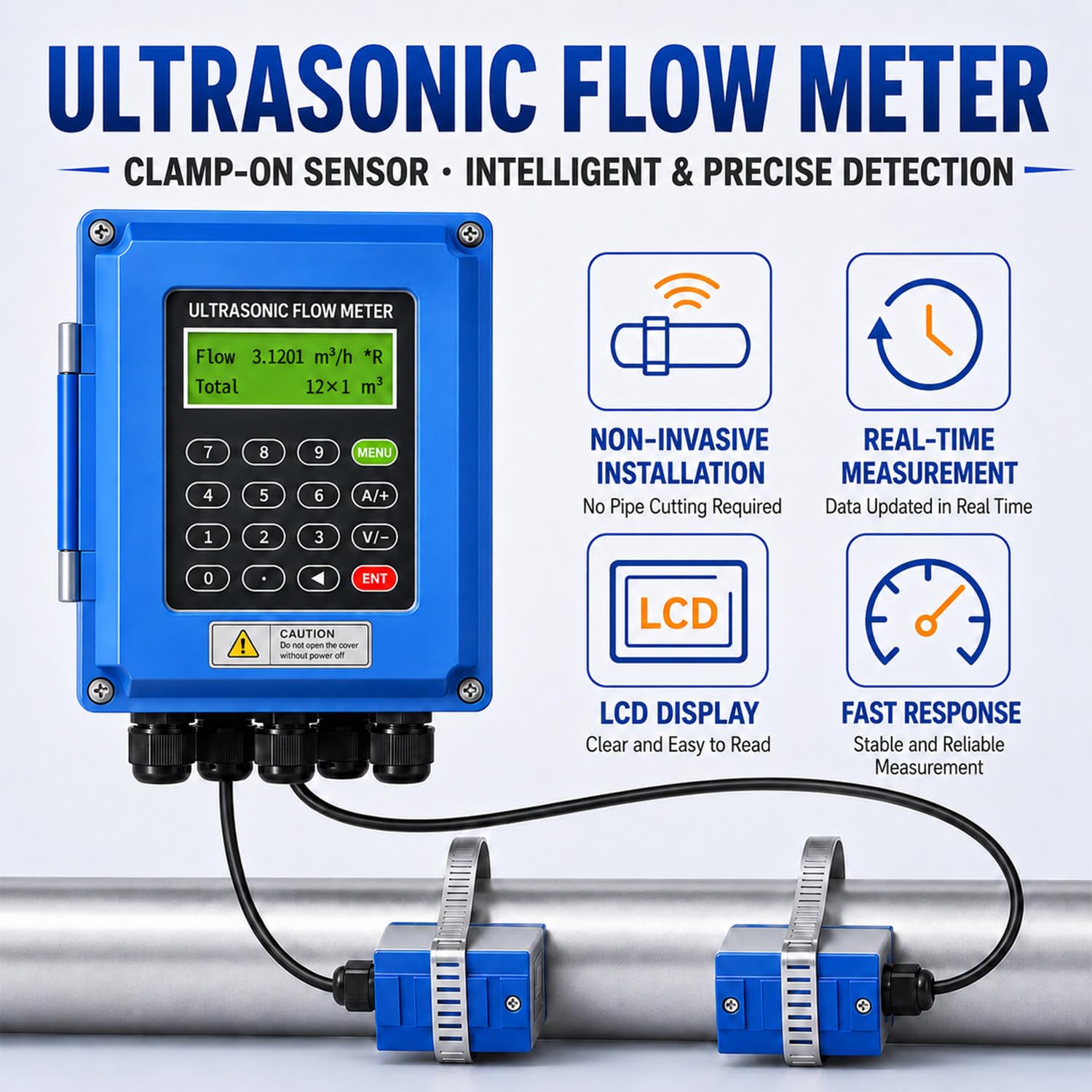 Medidor De Flujo Digital, Caudalímetro Líquido, Montaje De Pinza Externa, Medición Bidireccional, Precisión De Medición ±1%, Ciclo De Medición 2 Veces/S, para Agua, Agua De Mar TS