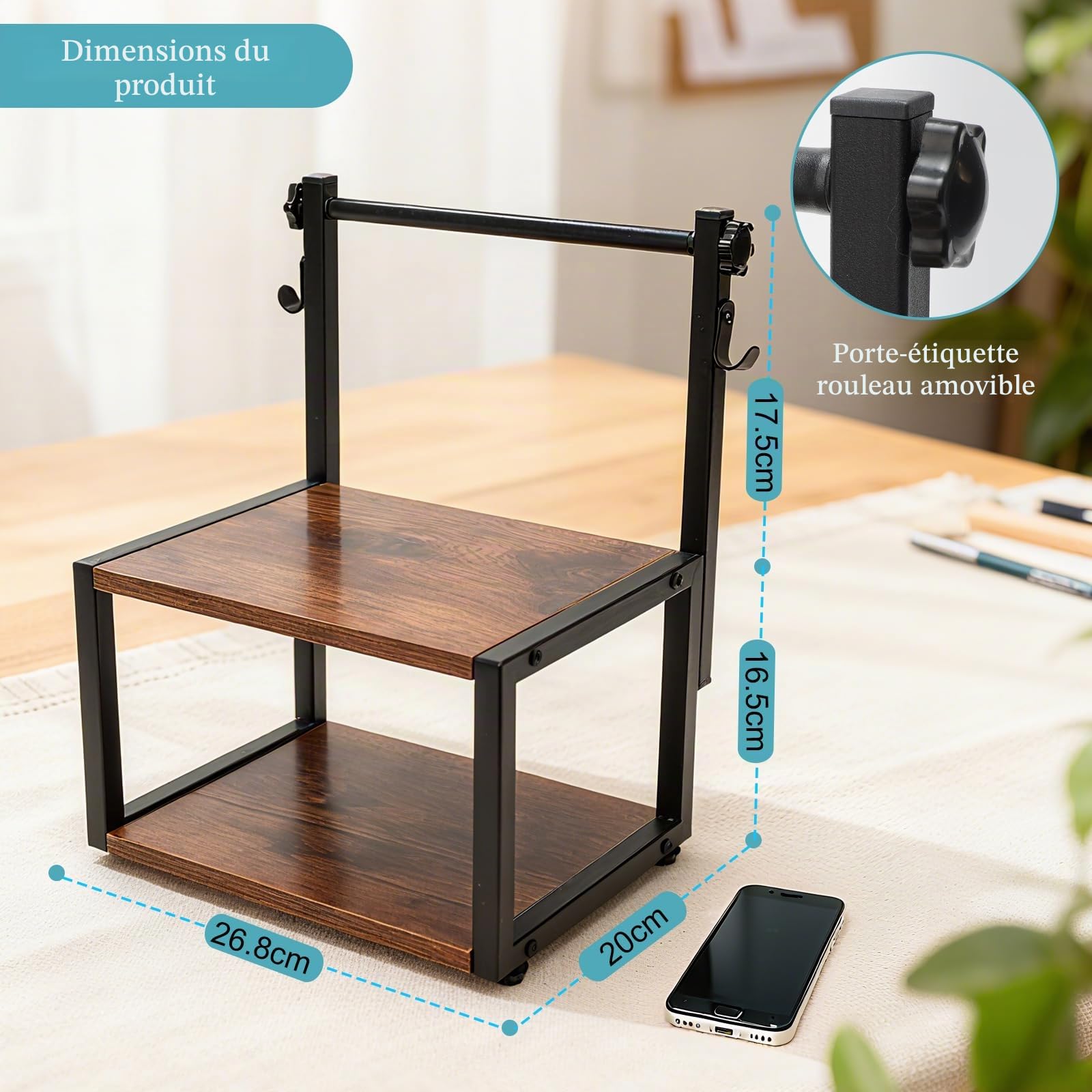 Porte-étiquettes Thermiques pour étiquettes en Rouleau et Continues, Support pour Imprimante avec Deux étagères et Crochets Intégrés, Accessoire pour Imprimante D'étiquettes de Bureau