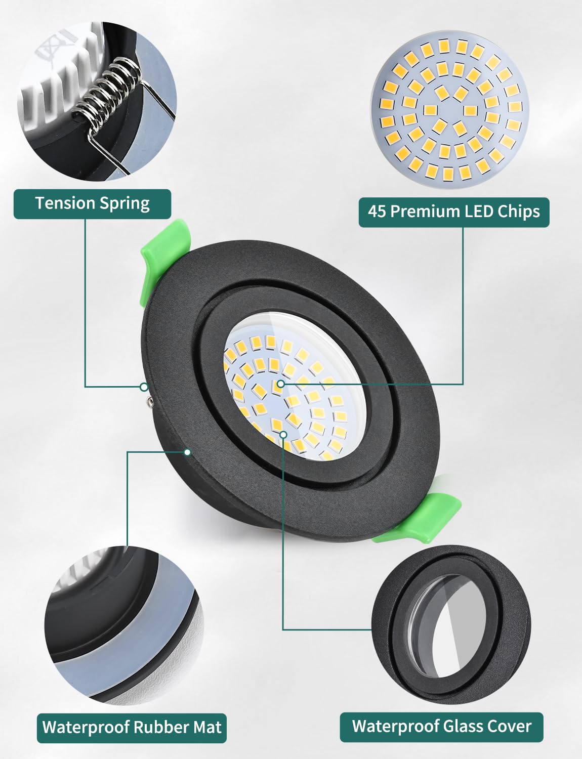 KYOTECH Reflektor LED do zabudowy z możliwością ściemniania, 5 W, IP65, nieobrotowy, 65–75 mm, ultracienki reflektor LED do wbudowania, naturalny biały, 4000 K, do zastosowania wewnątrz łazienki