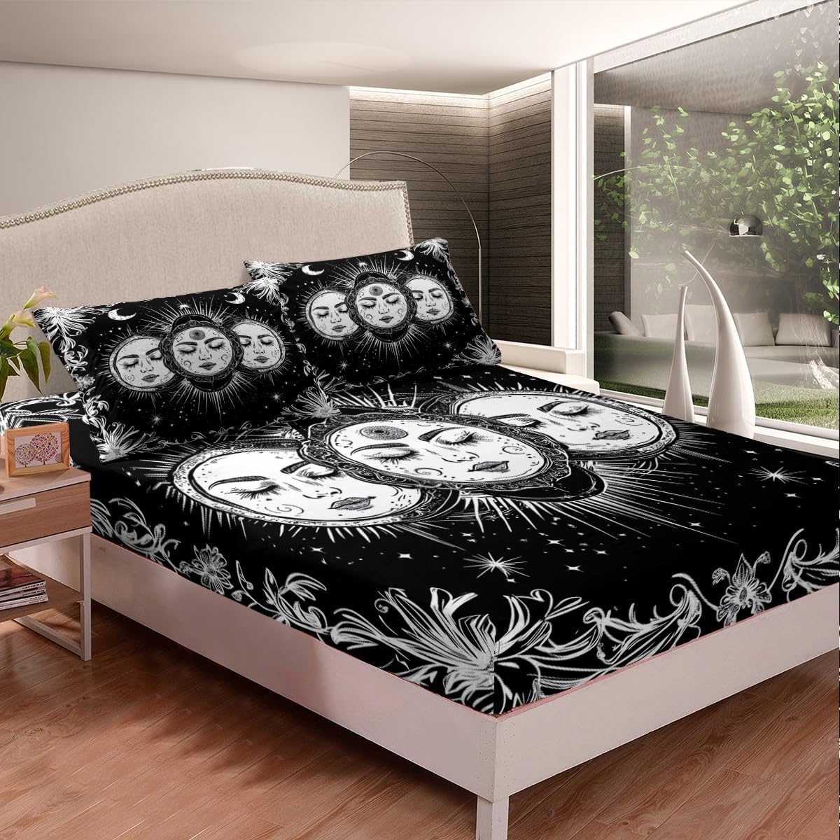 Feelyou Sun Moon Fitted Sheet Queen Size Kids Boho Exotic Bed Sheet Set for Boys Girls Teens Psychedelic Popular Mystic Bedding Set Breathable Bohemian Bed Cover Galaxy Floral Bed Set image 2
