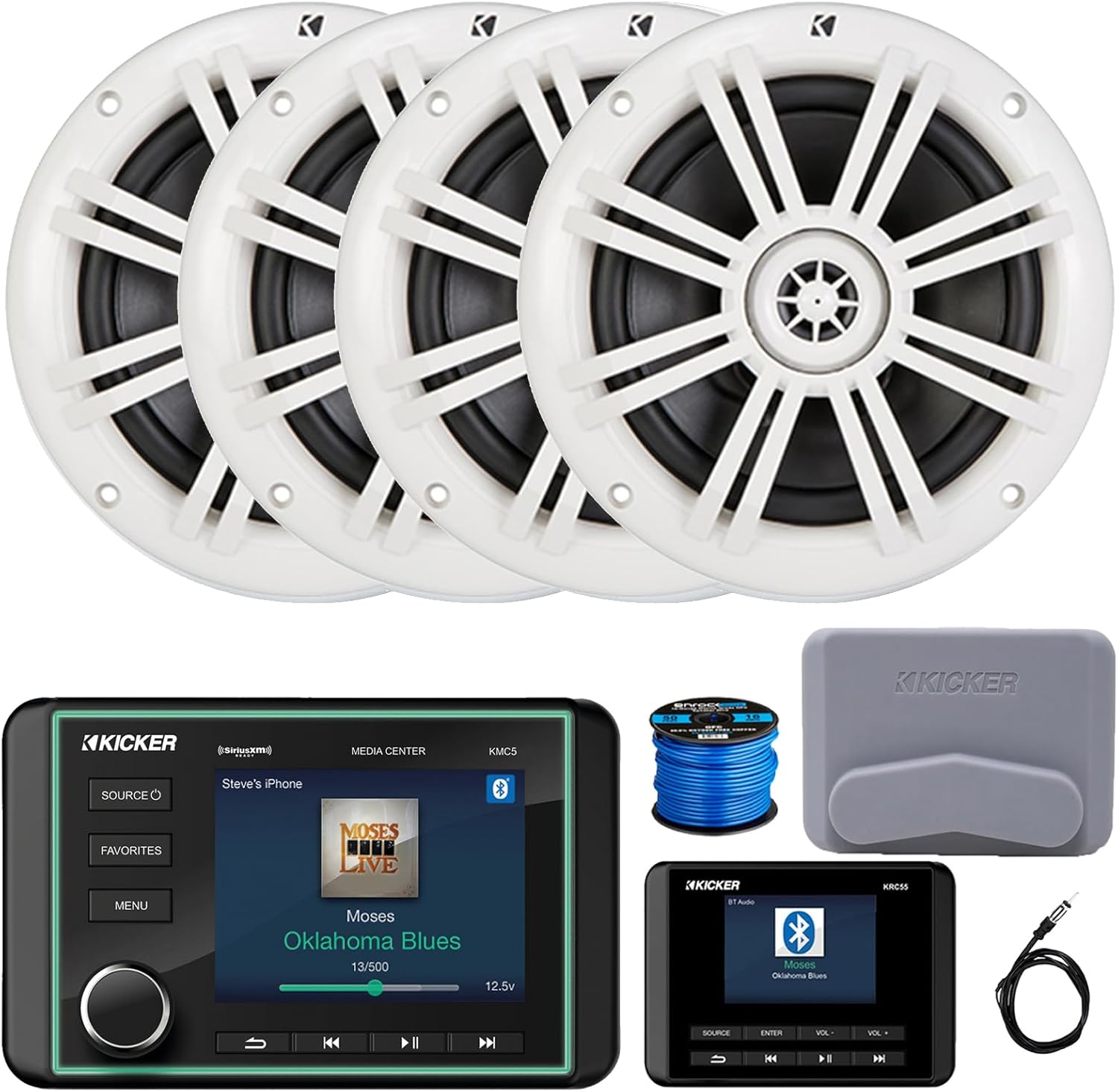 Kicker KMC5 3.5" LCD Display Marine Bluetooth USB/AUX WB AM/FM Radio Weather-Resistant Gauge Style Receiver W/Digital Controller, 4X 6.5 150 Watt Max 2-Way White Boat Coaxial Speakers, Antenna, Wire