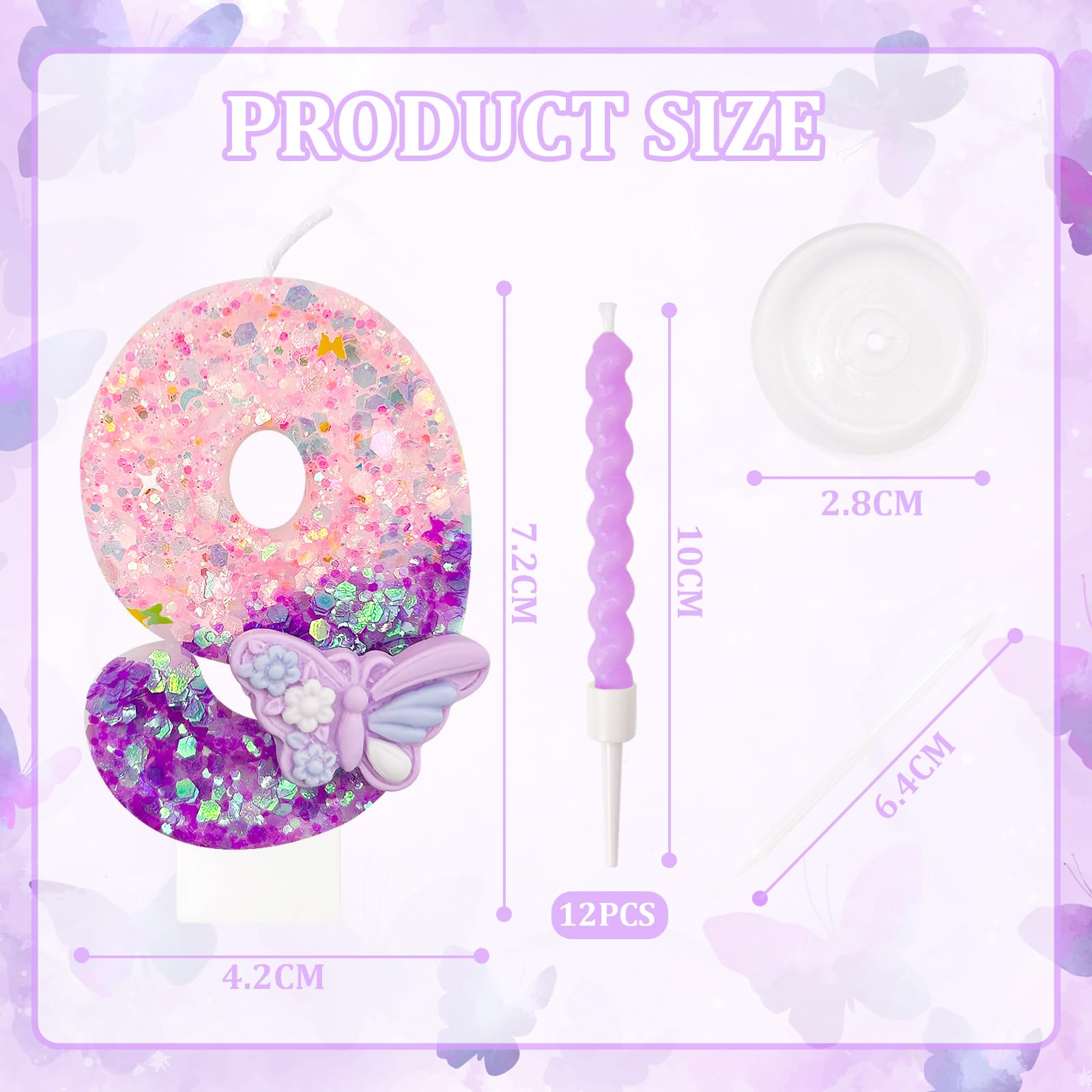 HXOUSE Number 9 Birthday Candles with Purple Butterfly & 12Pcs Rainbow Macaron Spiral Candles for Girls - Pink Sequins Birthday Candles for Cake, 9 Candle Party Decorations