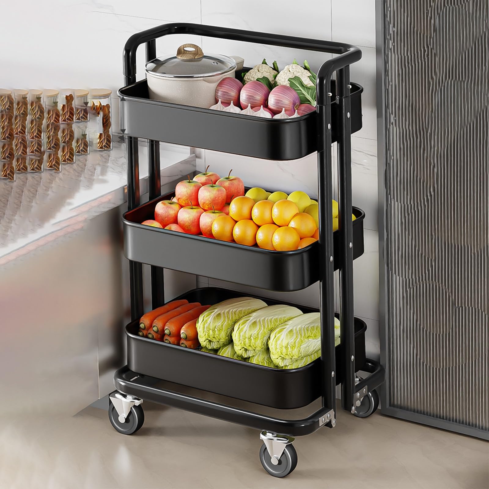 METTEOR Snack Storage Rack,Snack Rack for Kitchen/Supermarket/Barber Shop, Portable Market Shelf Retail Display Rack with Universal Wheel, Large Capacity Bakery Display Rack((Black Small)