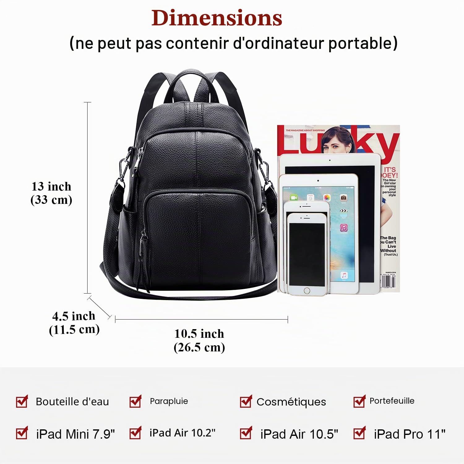ALTOSY Sac à Dos Femme Cuir Véritable Anti-vol Mode Loisir Élégant Chic Sac porté Épaule Daypack