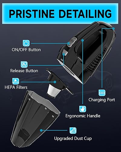 Miniatura 8 de TEMOLA Aspiradora de mano inalámbrica, aspiradora de coche de alta potencia recargable con filtro HEPA, pequeña aspiradora de mano para interior del