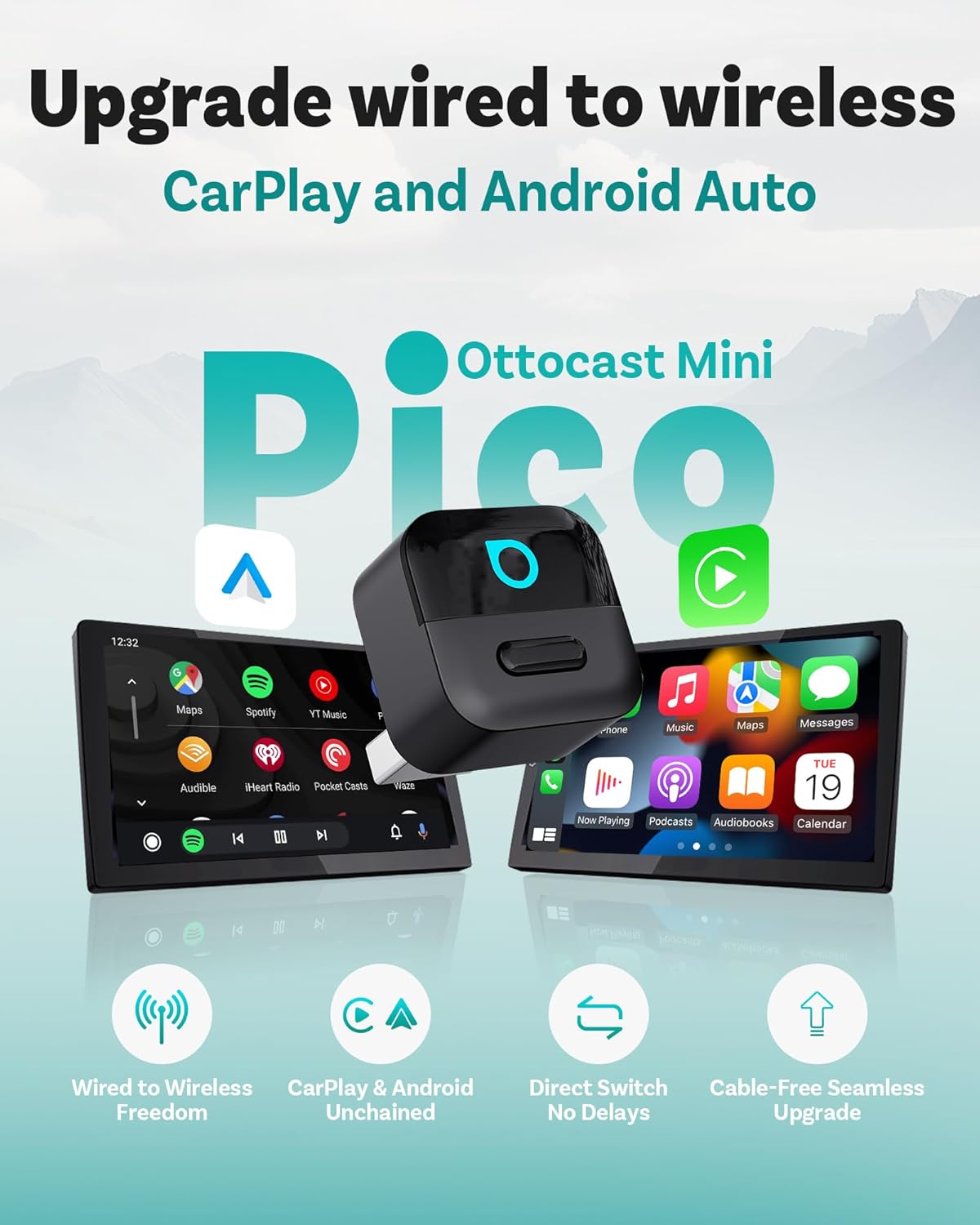 OTTOCAST Mini Pico adapter and car display showing CarPlay and Android Auto interfaces
