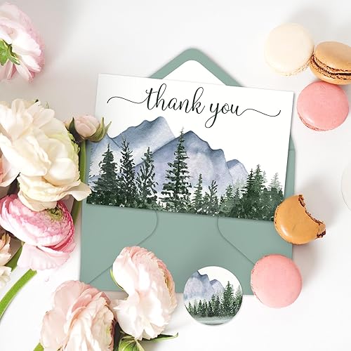 Miniatura 6 de AnyDesign - 25 tarjetas de felicitación de bosque de acuarela, tarjetas de agradecimiento con sobres y calcomanías adhesivas, tarjeta de regalo en
