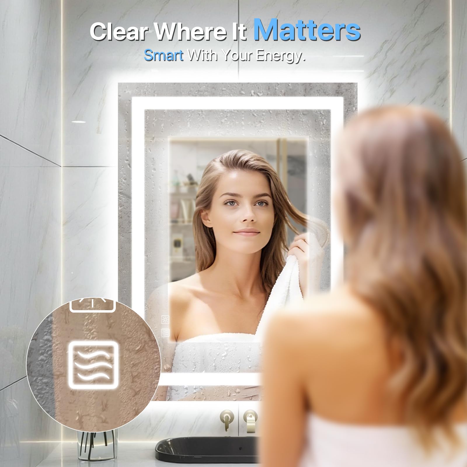 HYPERLITE Specchio da bagno a LED 24 x 32: specchio da bagno a LED anti-sbavatura con vetro temperato HD, specchi illuminati dimmerabili per nuova decorazione della casa quotidiana toelettatura