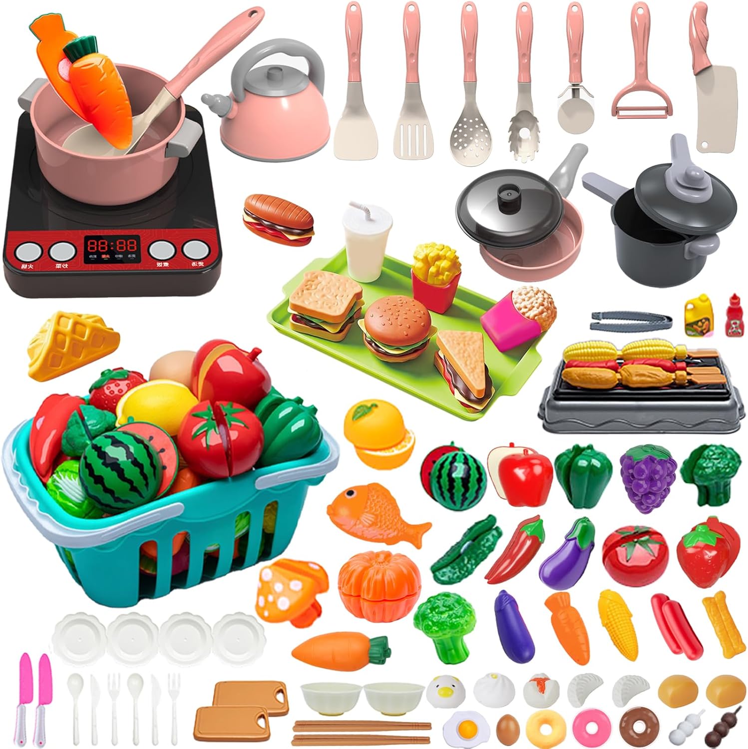 108Pcs Kids Kitchen Toy Accessories, Toddler Pretend BBQ Camping Cooking Playset, Utensils Cookware Toys, Play Food Set, Toy Vegetables, Learning Gift for Girls Boys