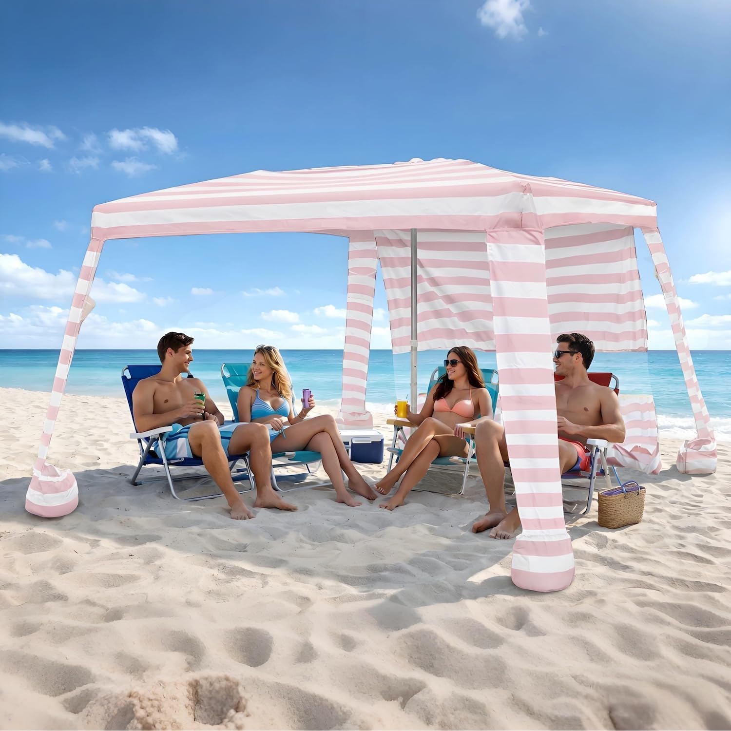 AMMSUN Portable Beach Cabana, 8'×8' Beach Canopy, Easy Set up and Take Down, Cabana Tent with Sand Pockets