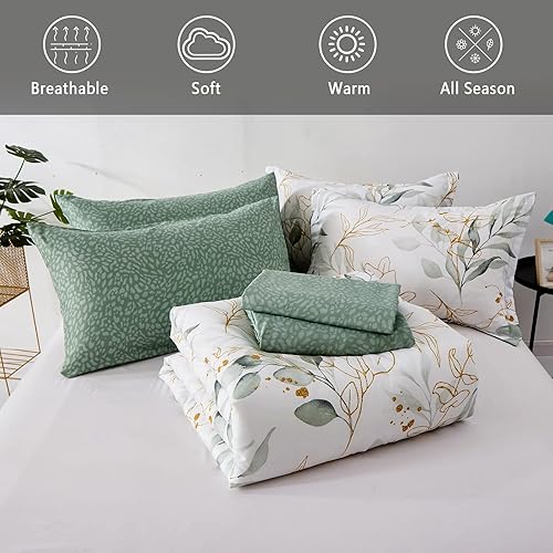 Miniatura 7 de WONGS BEDDING Juego de edredón botánico reversible de 7 piezas con diseño floral en una bolsa, de microfibra con hojas verdes y doradas, tamaño King