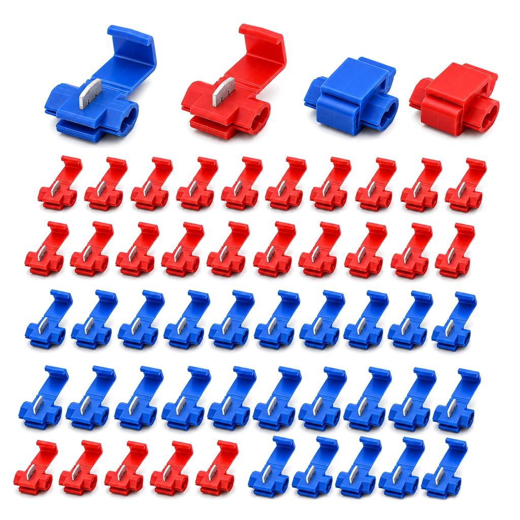 60 PCS Quick Splice Wire Connectors Set, Red Blue T-Tap Electrical Cable Branch Joiners for 14-22 AWG 0.5-2.5 mm² Wires, Automotive Motorcycle Home Wiring and DIY Repairs Projects