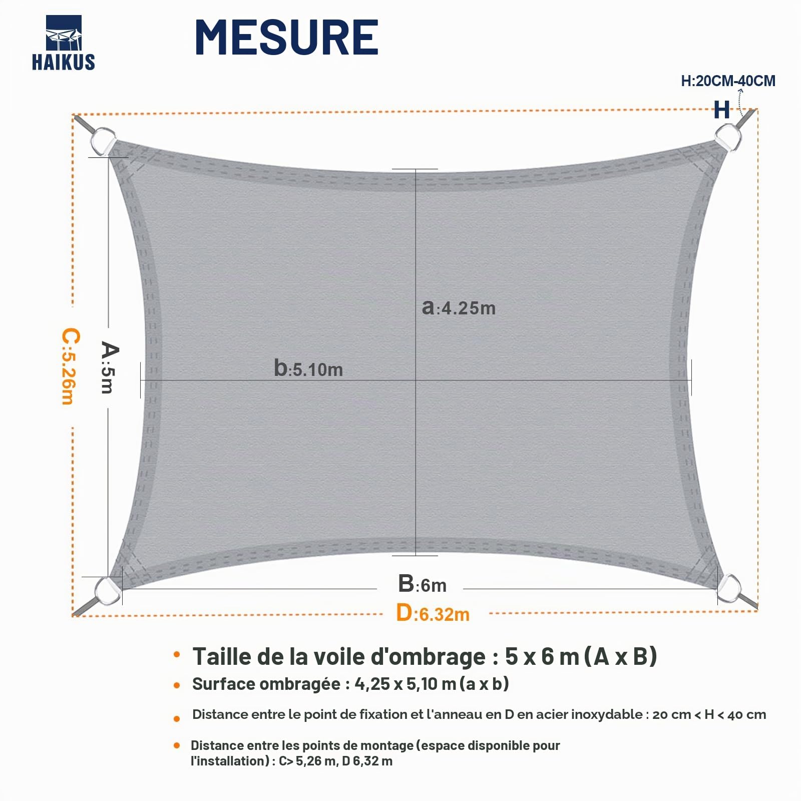 HAIKUS Voile d'ombrage Imperméable Rectangulaire 5x6m, Toile Ombrage PES Résistant à l'eau, Filet dombrage Rectangle 6x5m, Résistant 98% Protection Rayons UV pour Patio Extérieur, Gris Graphite 5x6