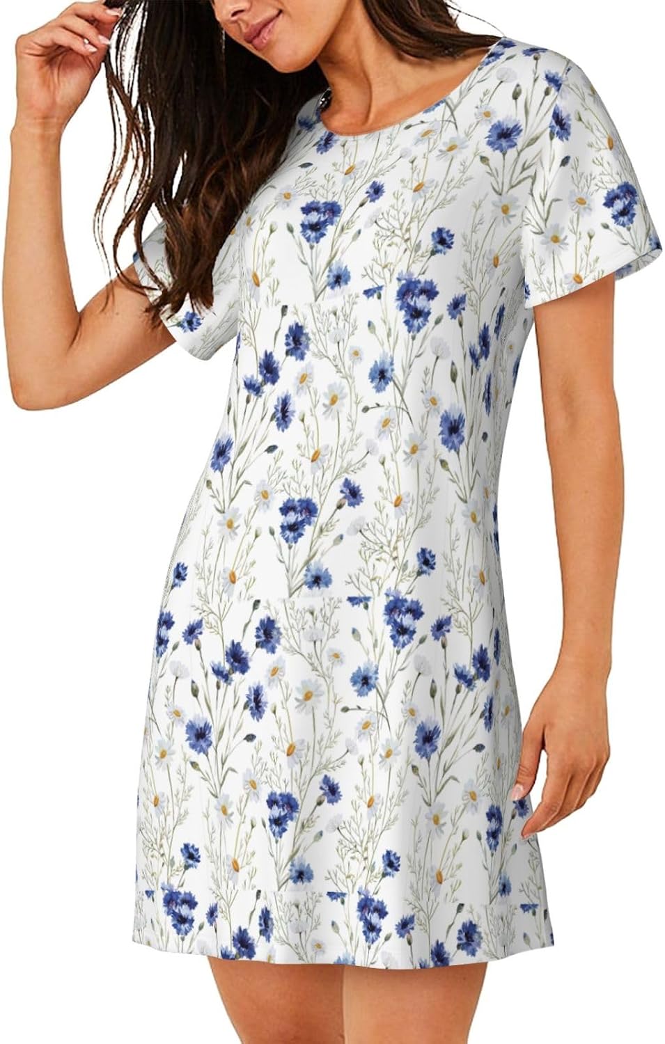 Flowers and Cornflowers Daisies Print Sleep Shirts for Women Short Sleeve Night Shirts for Sleeping Pullover
